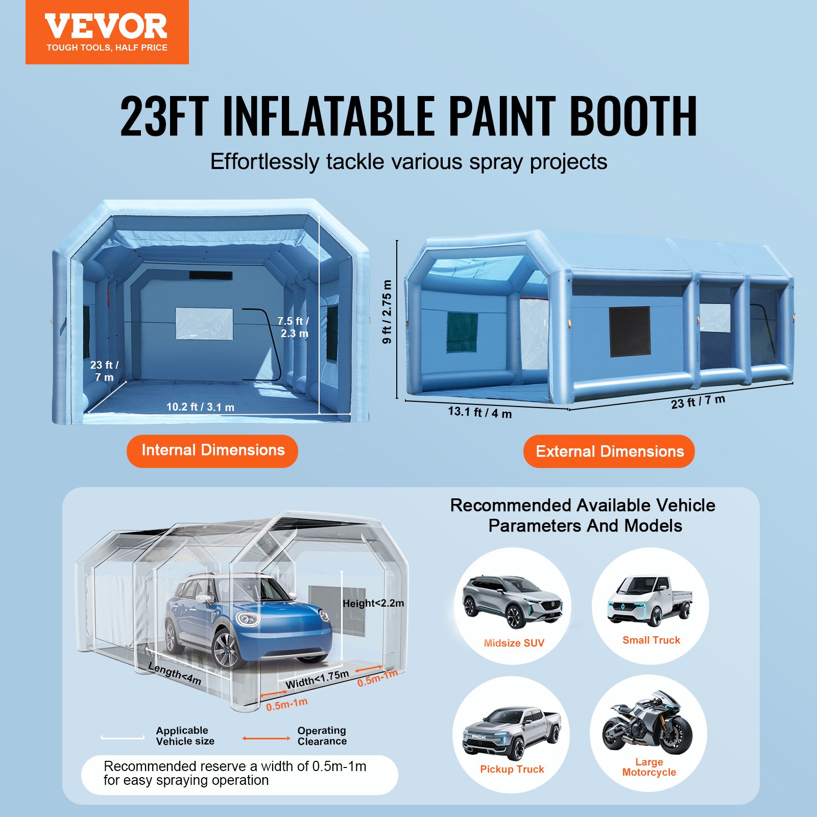 VEVOR Inflatable Spray Booth Tent, Inflatable Paint Booth Tent 750W + 350W Car Paint Booth Workplace 210D Oxford Fabric with 2 Blowers 4 x 2.5 x 2.2 m Blue Car Parking Garage