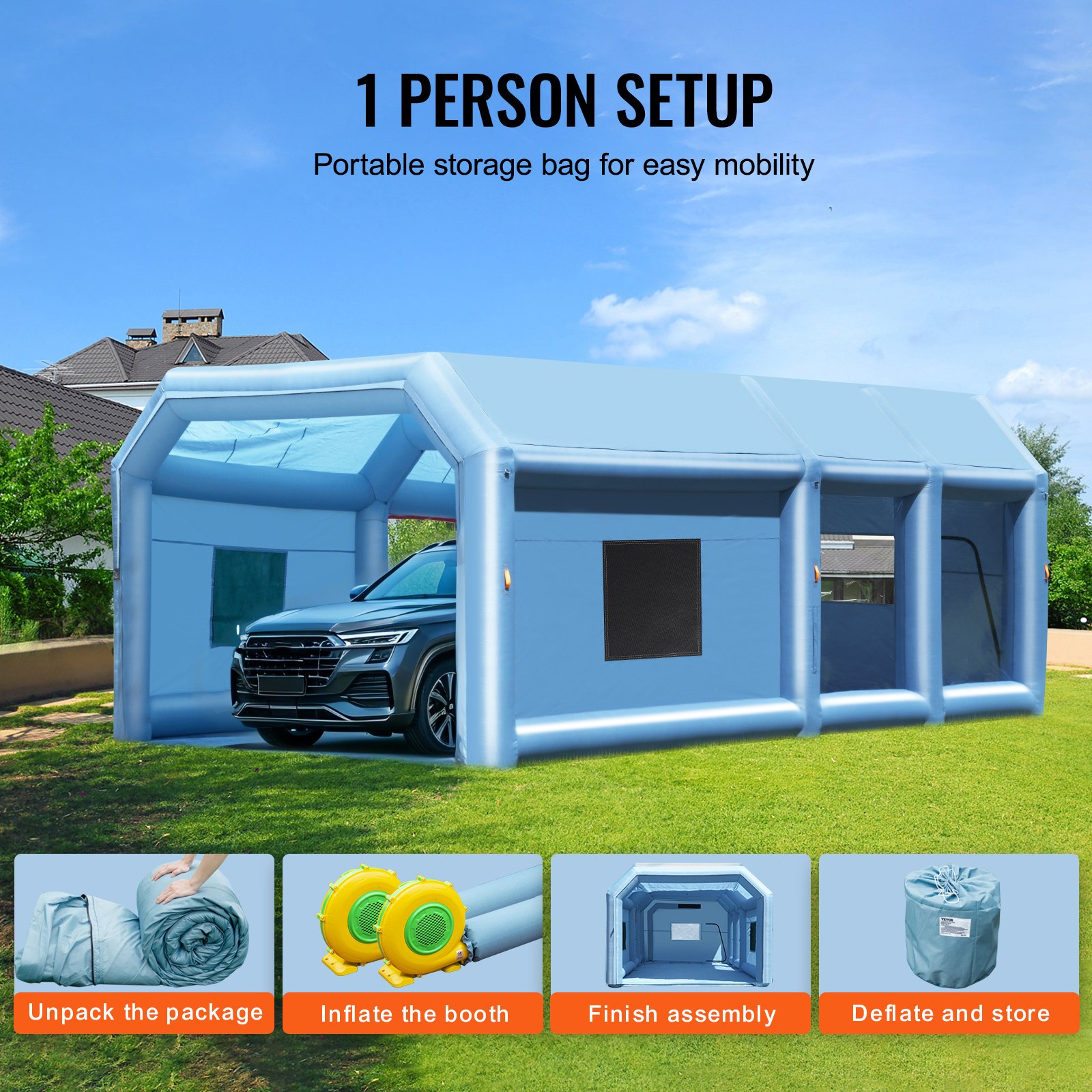 VEVOR Inflatable Spray Booth Tent, Inflatable Paint Booth Tent 750W + 350W Car Paint Booth Workplace 210D Oxford Fabric with 2 Blowers 4 x 2.5 x 2.2 m Blue Car Parking Garage