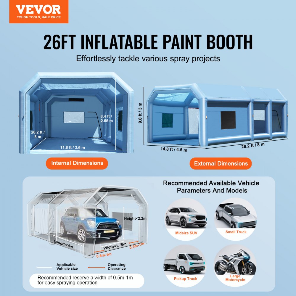 VEVOR Inflatable Paint Booth, 26.2 x 14.8 x 9.8 ft/8 x 4.5 x 3 m Inflatable Spray Booth, with 950W+750W Powerful Blowers and Air Filter System, Portable Car Paint Booth for Small Truck, Large Motorcycle, Midsize SUV