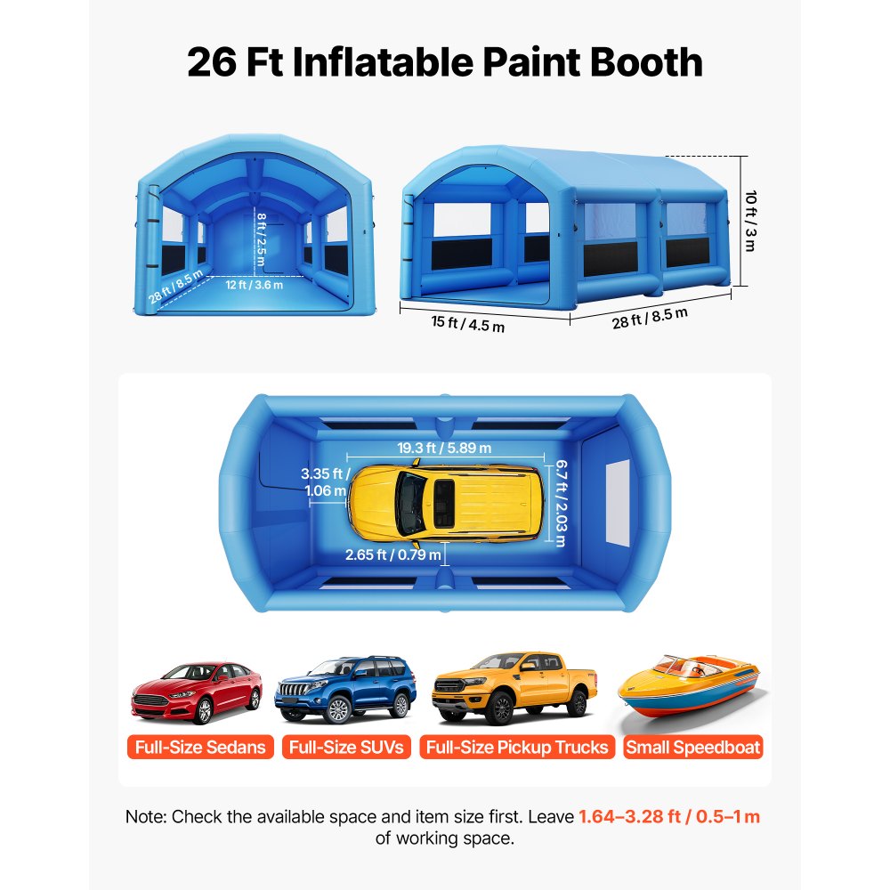 VEVOR Inflatable Paint Booth,  8 x 4.5 x 3 m, Portable Spray Booth with 750W+950W Blowers and Large Filter Cotton, Arched Roof Blow Up Painting Tent for Full-Size Pickup Truck, Small Speedboat, Blue