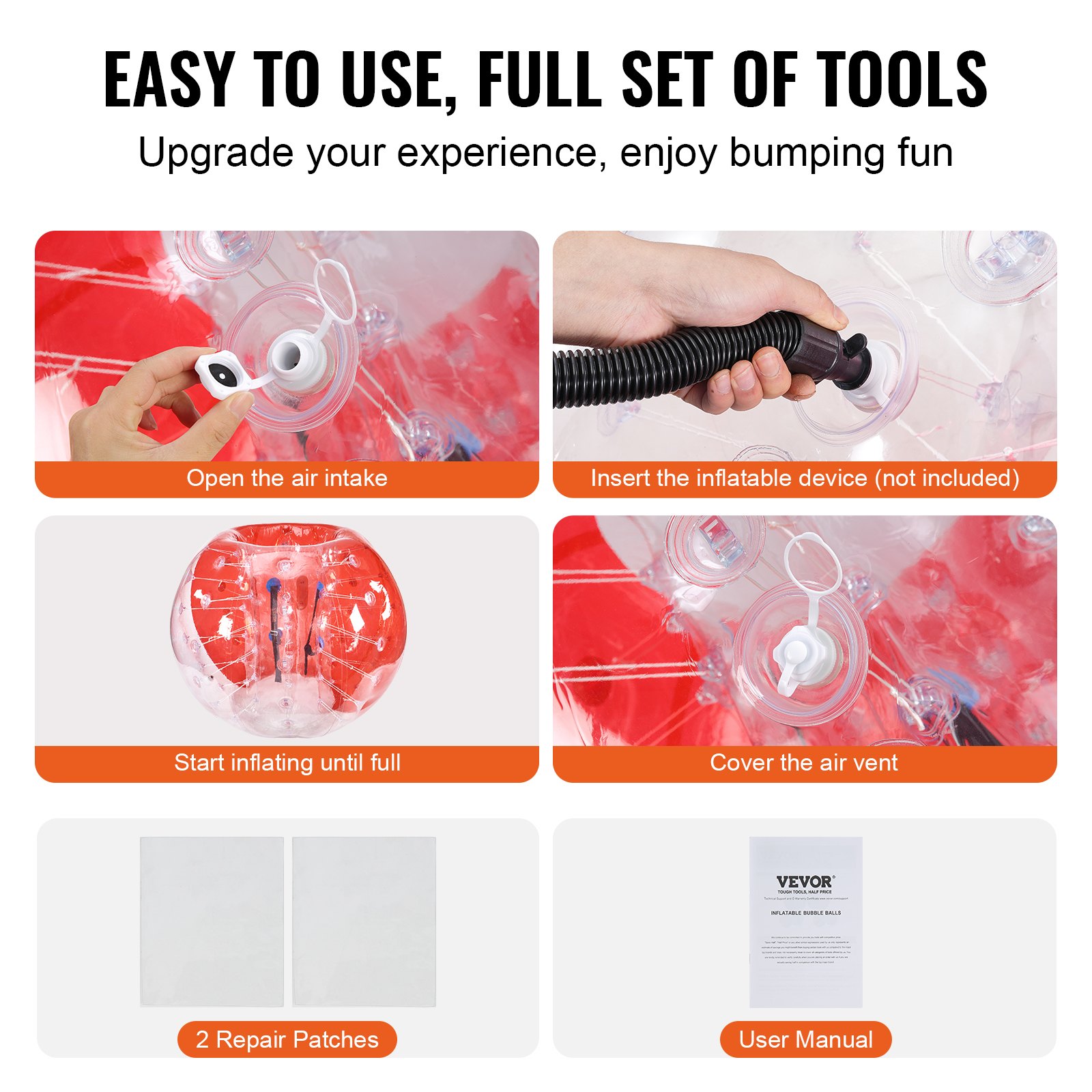 VEVOR Nadmuchiwana piłka Bumper Ball 1 szt. 1,5 m x 1,2 m, piłka do odbijania się, piłka z tworzywa PVC do zabaw na świeżym powietrzu, przezroczysta + czerwona nadmuchiwana piłka Bumper Ball