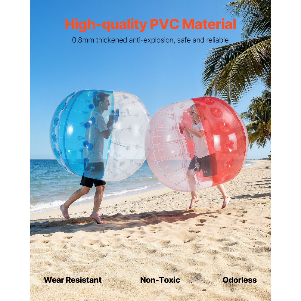 VEVOR Nadmuchiwana piłka Bumper Ball, zestaw 2 sztuk, 1,5 m x 1,2 m, piłka do odbijania się, PVC Body Bubble, do aktywności na świeżym powietrzu, czerwona + niebieska + przezroczysta nadmuchiwana piłka Bumper Ball