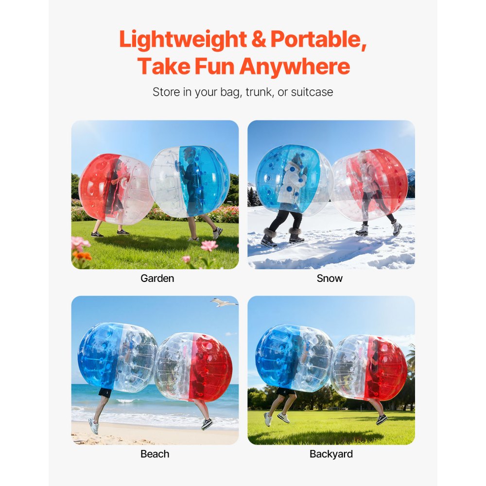 VEVOR Nadmuchiwana piłka Bumper Ball, zestaw 2 sztuk, 1,5 m x 1,2 m, piłka do odbijania się, PVC Body Bubble, do aktywności na świeżym powietrzu, czerwona + niebieska + przezroczysta nadmuchiwana piłka Bumper Ball
