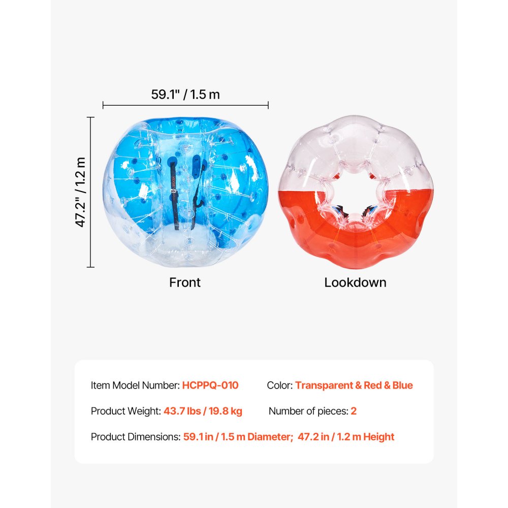 VEVOR Nadmuchiwana piłka Bumper Ball, zestaw 2 sztuk, 1,5 m x 1,2 m, piłka do odbijania się, PVC Body Bubble, do aktywności na świeżym powietrzu, czerwona + niebieska + przezroczysta nadmuchiwana piłka Bumper Ball