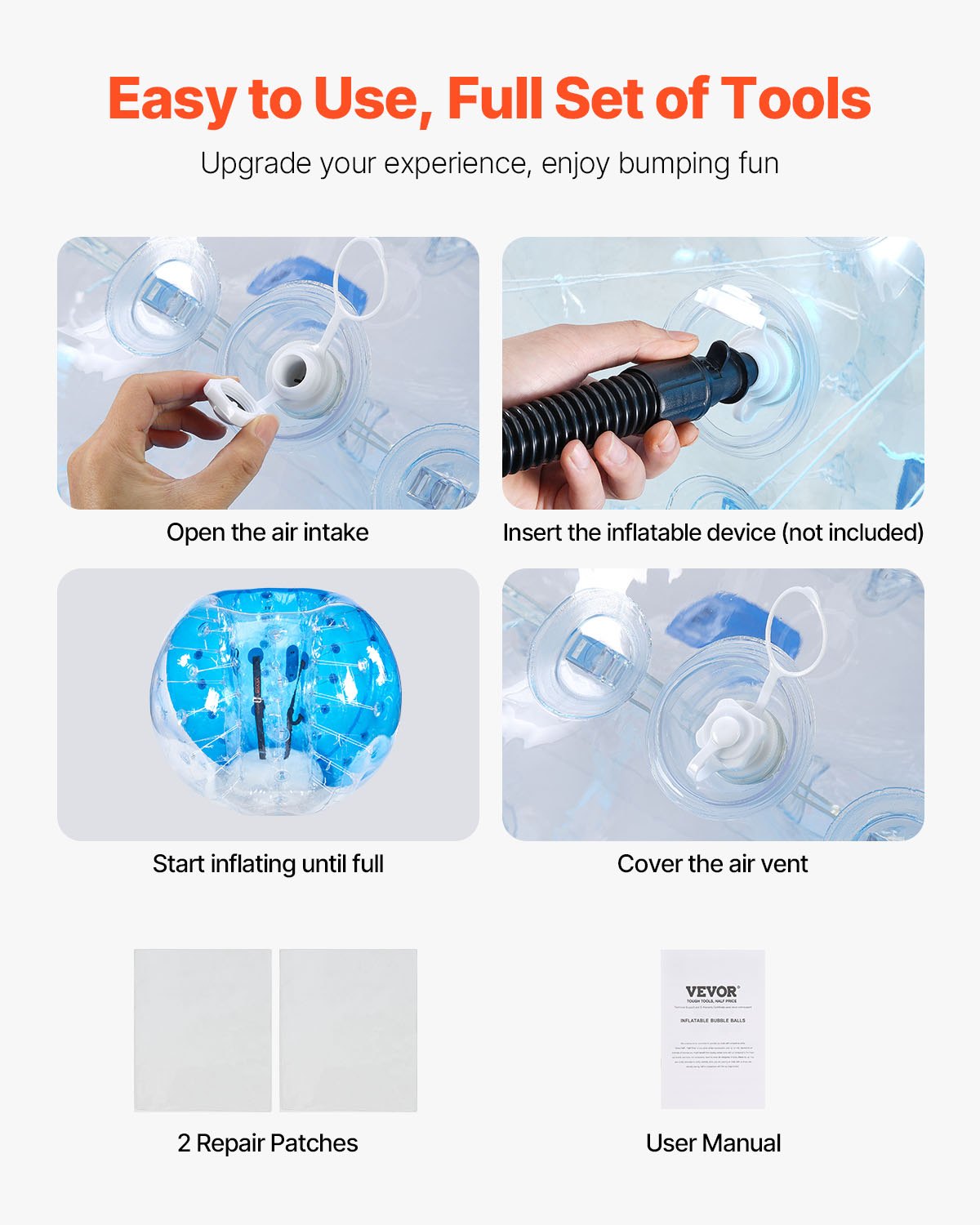 VEVOR Nadmuchiwana piłka Bumper Ball, zestaw 2 sztuk, 1,5 m x 1,2 m, piłka do odbijania się, PVC Body Bubble, do aktywności na świeżym powietrzu, czerwona + niebieska + przezroczysta nadmuchiwana piłka Bumper Ball