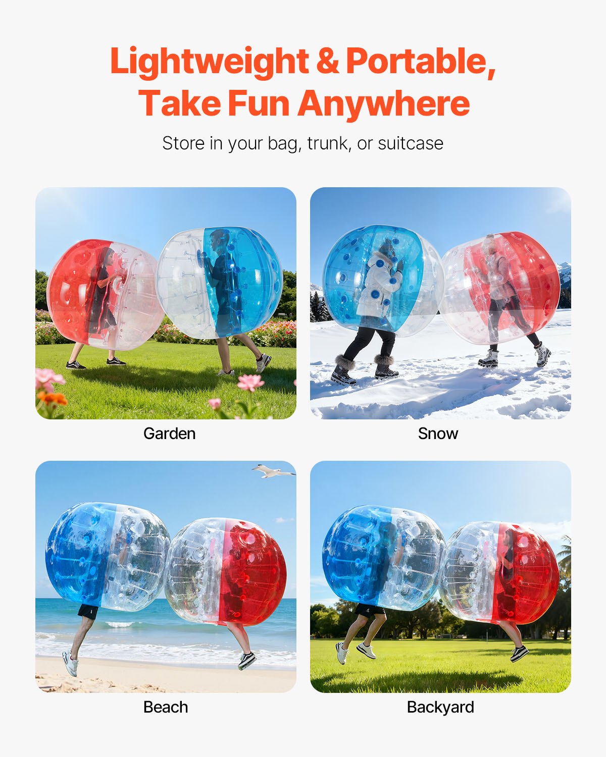 VEVOR Nadmuchiwana piłka Bumper Ball, zestaw 2 sztuk, 1,5 m x 1,2 m, piłka do odbijania się, PVC Body Bubble, do aktywności na świeżym powietrzu, czerwona + niebieska + przezroczysta nadmuchiwana piłka Bumper Ball