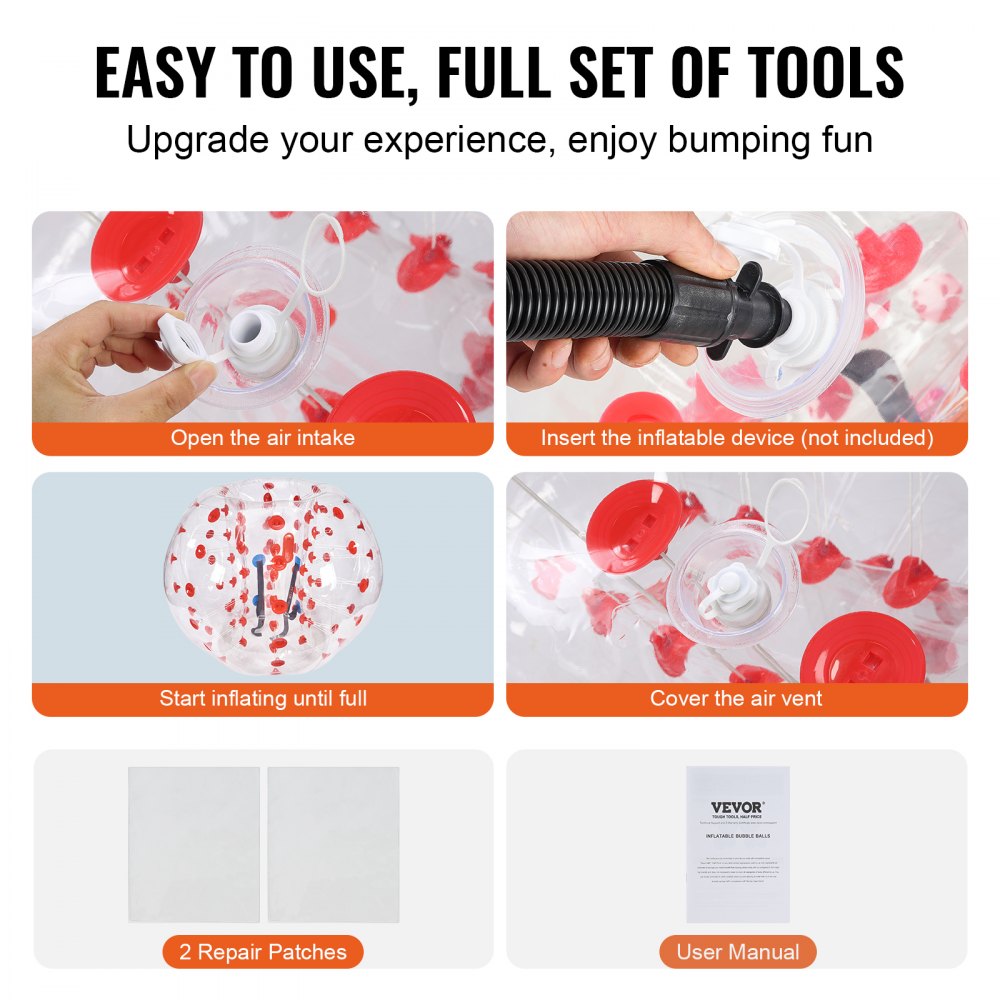 VEVOR Nadmuchiwana piłka Bumper Ball 1 szt. 1,5 m x 1,2 m, piłka do odbijania się, PVC Body Bubble, do aktywności na świeżym powietrzu, przezroczysta + czerwone kropki Nadmuchiwana piłka Bumper Ball