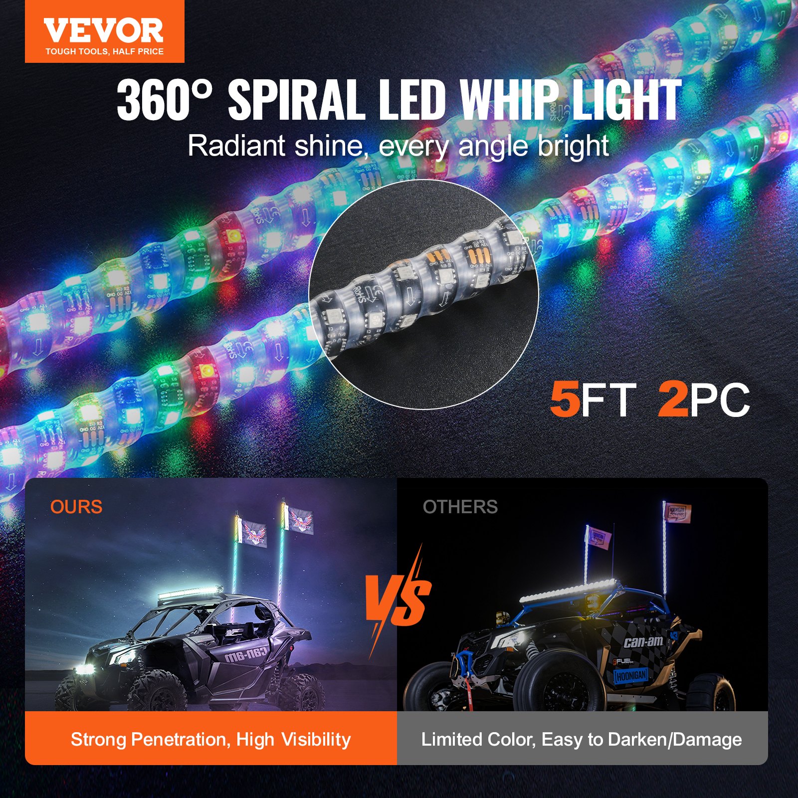 VEVOR 2 sztuki, lampa LED z batem, z aplikacją i pilotem RF, wodoodporna, spiralna lampa śledząca RGB 360° z 4 flagami, 60-calowa lampa LED z batem do pojazdów UTV, quadów i RZR