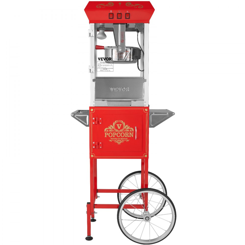 VEVOR Popcorn Machine, Popcorn Maker with Cart, 850W, 8oz Kettle for 48 Cups per Load, Tempered Glass Popcorn Machine, Includes 4 Scoops, Cinema Style, Red
