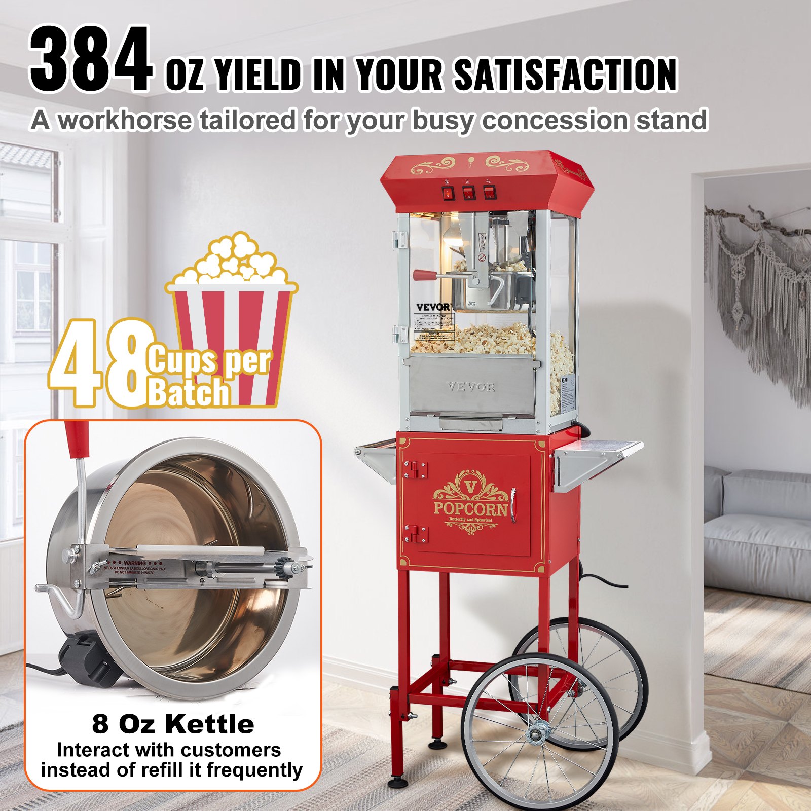 VEVOR Popcorn Machine, Popcorn Maker with Cart, 850W, 8oz Kettle for 48 Cups per Load, Tempered Glass Popcorn Machine, Includes 4 Scoops, Cinema Style, Red