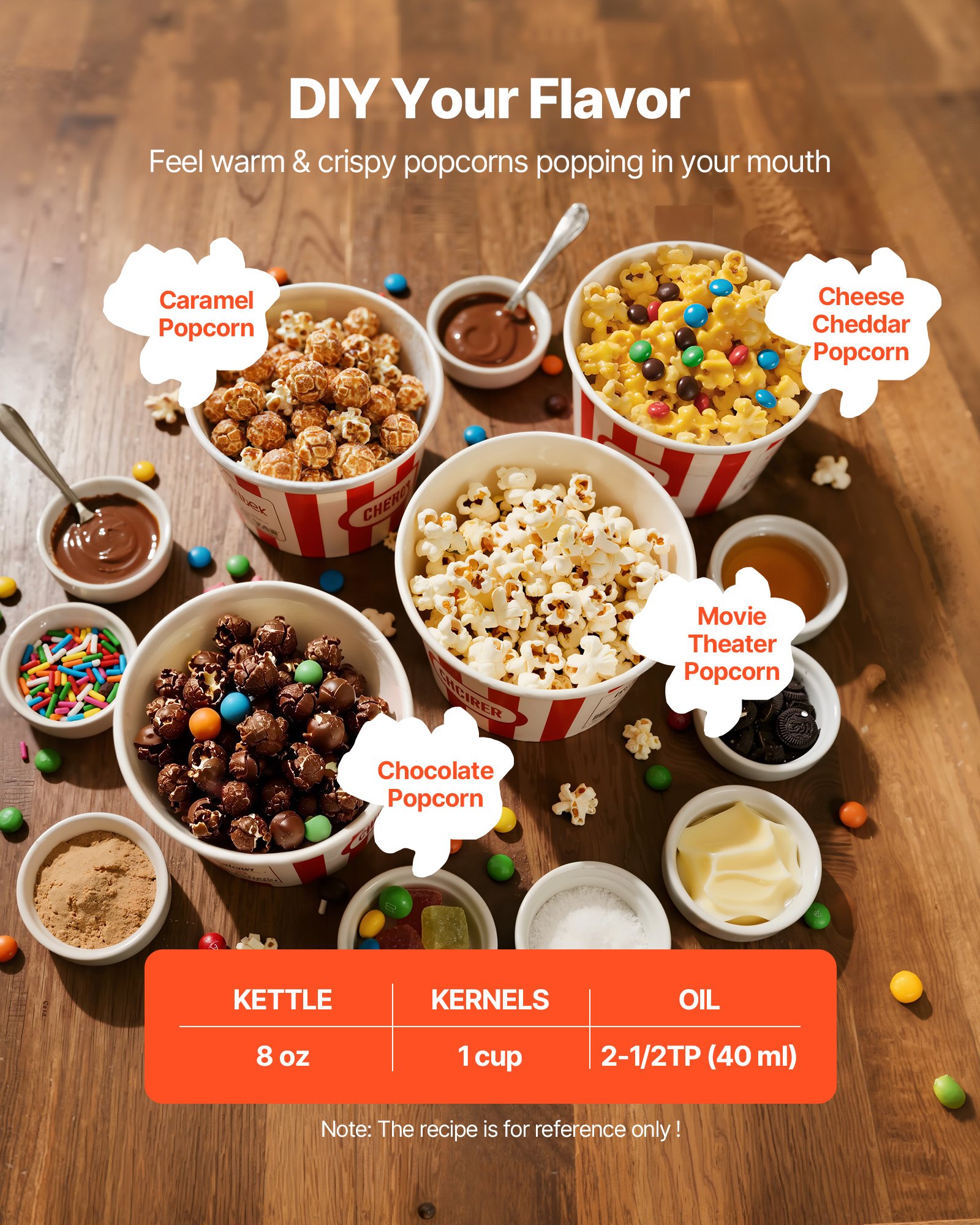 Maszyna do popcornu VEVOR z czajnikiem i wózkiem, komercyjna maszyna do popcornu o mocy 800 W, 48 filiżanek na załadunek, obsługa 2 przyciskami, szklane ścianki, drzwiczki z poliwęglanu, 1 miarka, 3 łyżki, kolor czerwony