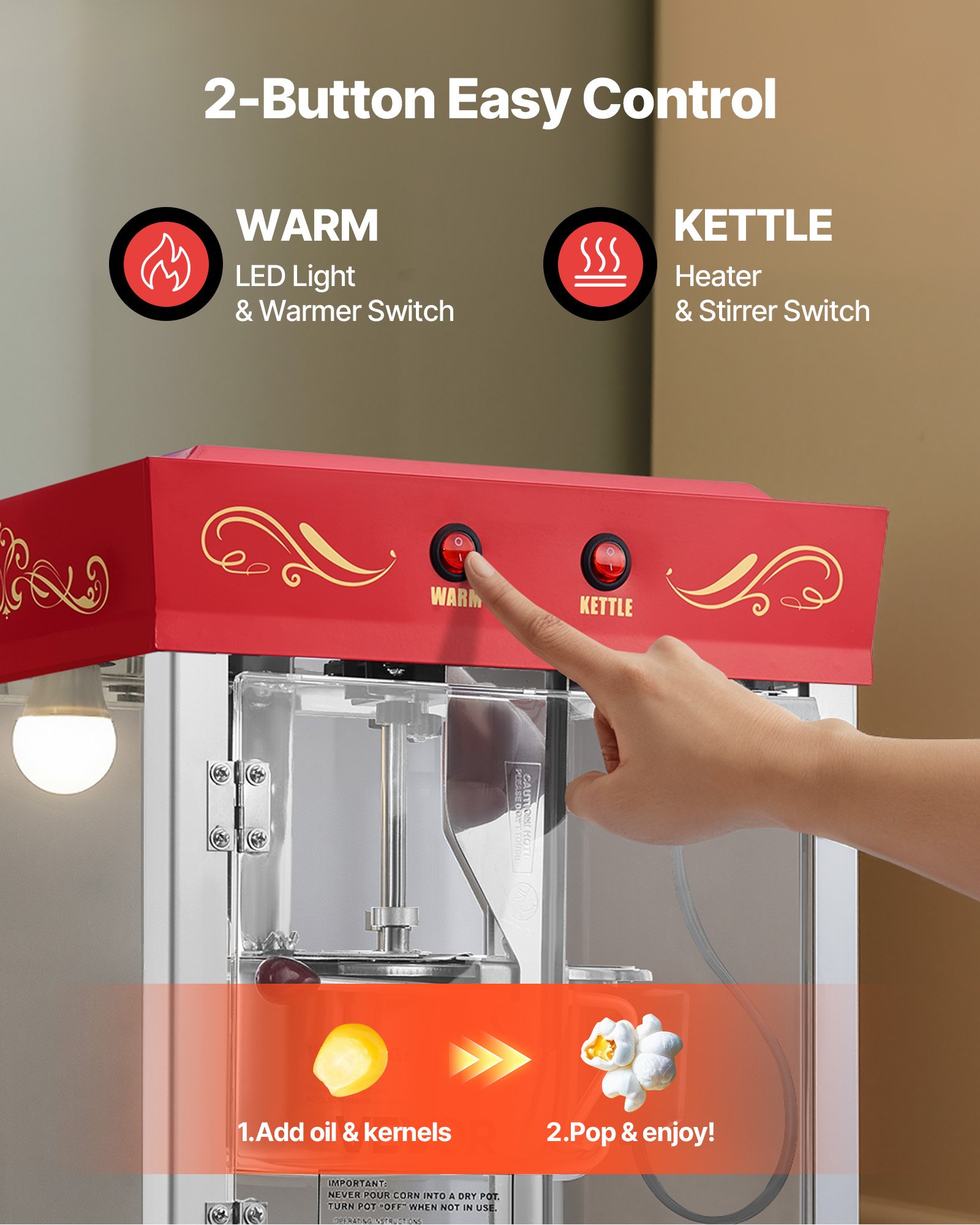 Maszyna do popcornu VEVOR z czajnikiem i wózkiem, komercyjna maszyna do popcornu o mocy 800 W, 48 filiżanek na załadunek, obsługa 2 przyciskami, szklane ścianki, drzwiczki z poliwęglanu, 1 miarka, 3 łyżki, kolor czerwony