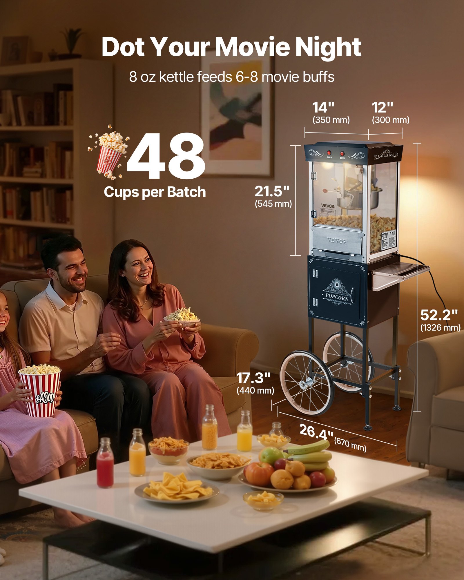 Maszyna do popcornu VEVOR z czajnikiem i wózkiem, komercyjna maszyna do popcornu o mocy 800 W, 48 filiżanek na załadunek, obsługa 2 przyciskami, szklane ścianki, drzwiczki z poliwęglanu, 1 miarka, 3 łyżki, kolor czarny
