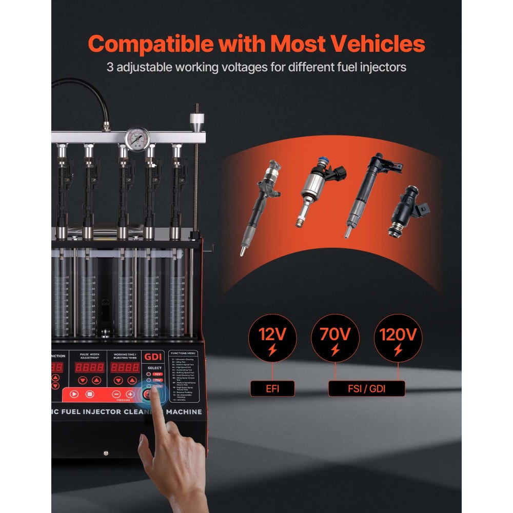 Tester wtryskiwaczy VEVOR z 9 trybami testowania, 6-cylindrowe urządzenie czyszczące ultradźwiękowe 28 kHz, regulowane do 12/70/120 V dla EFI/FSI/GDI, urządzenie do czyszczenia wtryskiwaczy z zaworem spustowym do samochodów osobowych