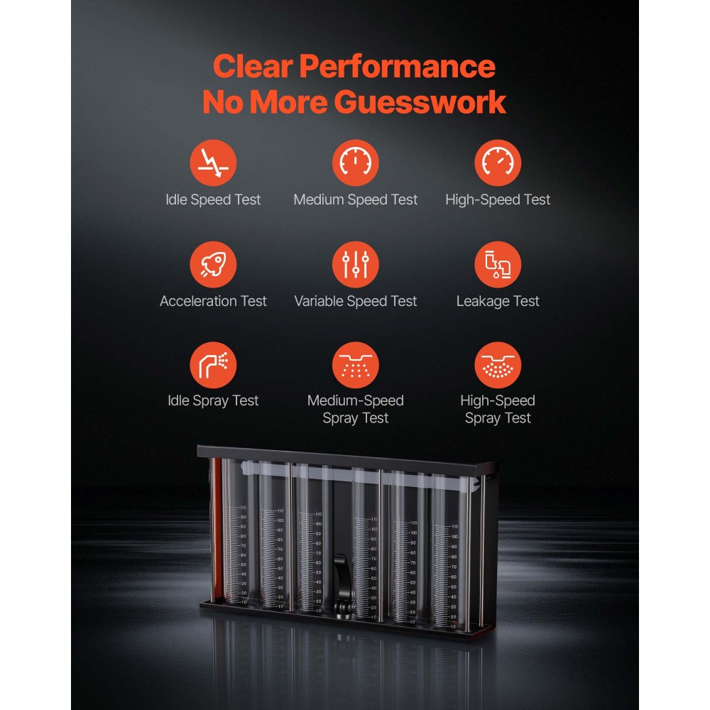 Tester wtryskiwaczy VEVOR z 9 trybami testowania, 6-cylindrowe urządzenie czyszczące ultradźwiękowe 28 kHz, regulowane do 12/70/120 V dla EFI/FSI/GDI, urządzenie do czyszczenia wtryskiwaczy z zaworem spustowym do samochodów osobowych