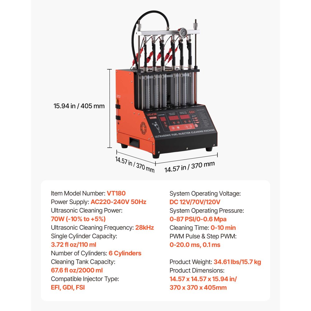 Tester wtryskiwaczy VEVOR z 9 trybami testowania, 6-cylindrowe urządzenie czyszczące ultradźwiękowe 28 kHz, regulowane do 12/70/120 V dla EFI/FSI/GDI, urządzenie do czyszczenia wtryskiwaczy z zaworem spustowym do samochodów osobowych