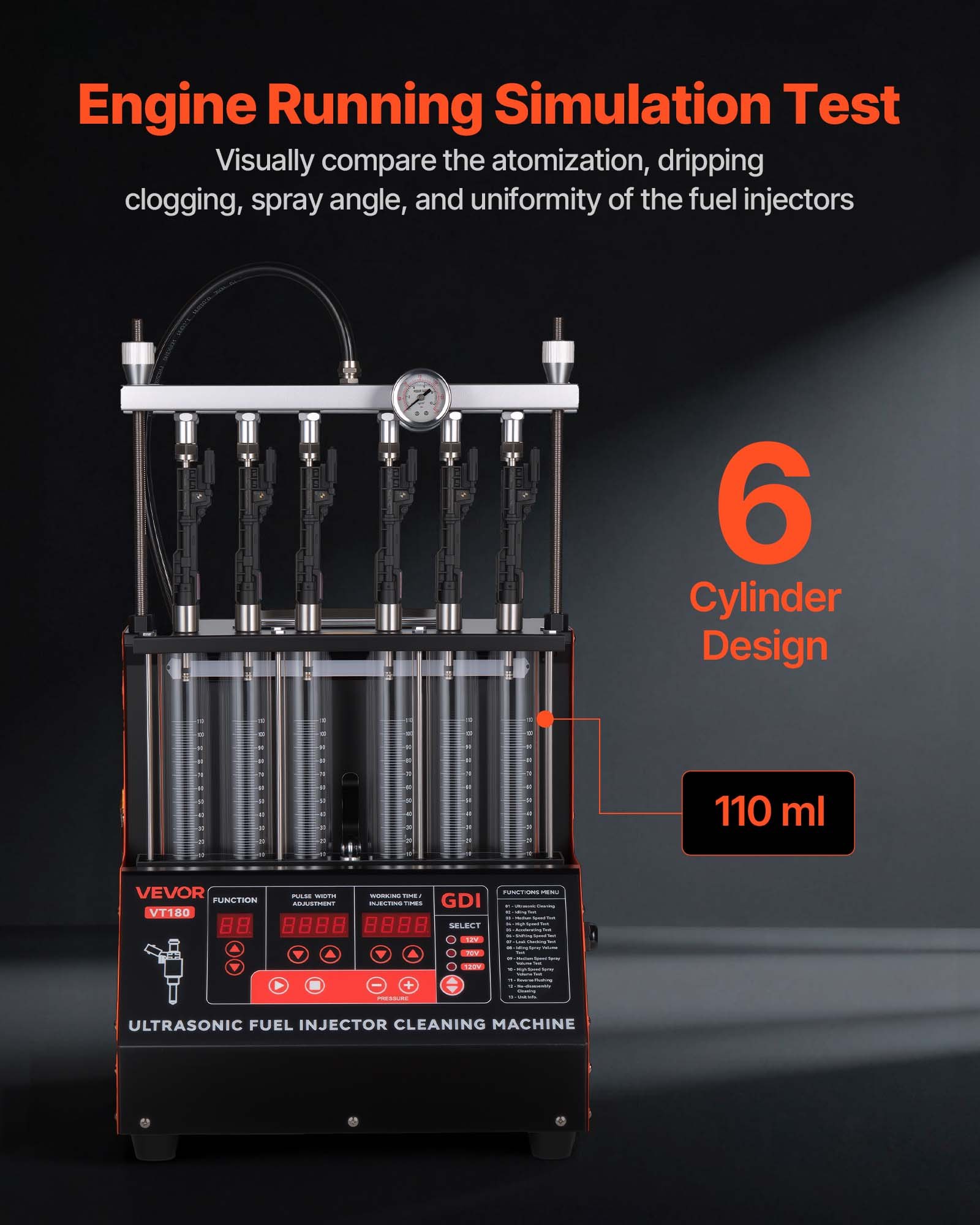 Tester wtryskiwaczy VEVOR z 9 trybami testowania, 6-cylindrowe urządzenie czyszczące ultradźwiękowe 28 kHz, regulowane do 12/70/120 V dla EFI/FSI/GDI, urządzenie do czyszczenia wtryskiwaczy z zaworem spustowym do samochodów osobowych