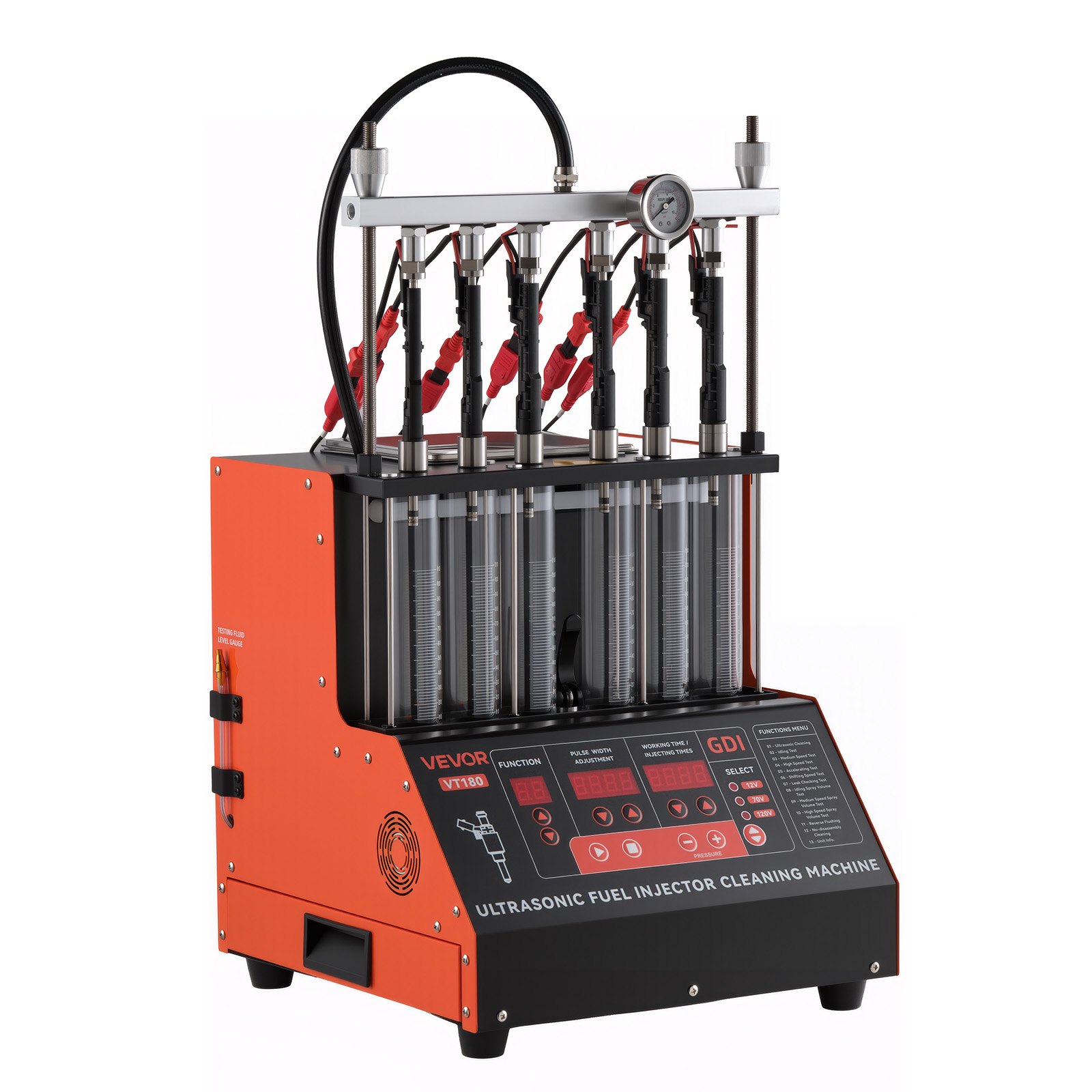 Tester wtryskiwaczy VEVOR z 9 trybami testowania, 6-cylindrowe urządzenie czyszczące ultradźwiękowe 28 kHz, regulowane do 12/70/120 V dla EFI/FSI/GDI, urządzenie do czyszczenia wtryskiwaczy z zaworem spustowym do samochodów osobowych