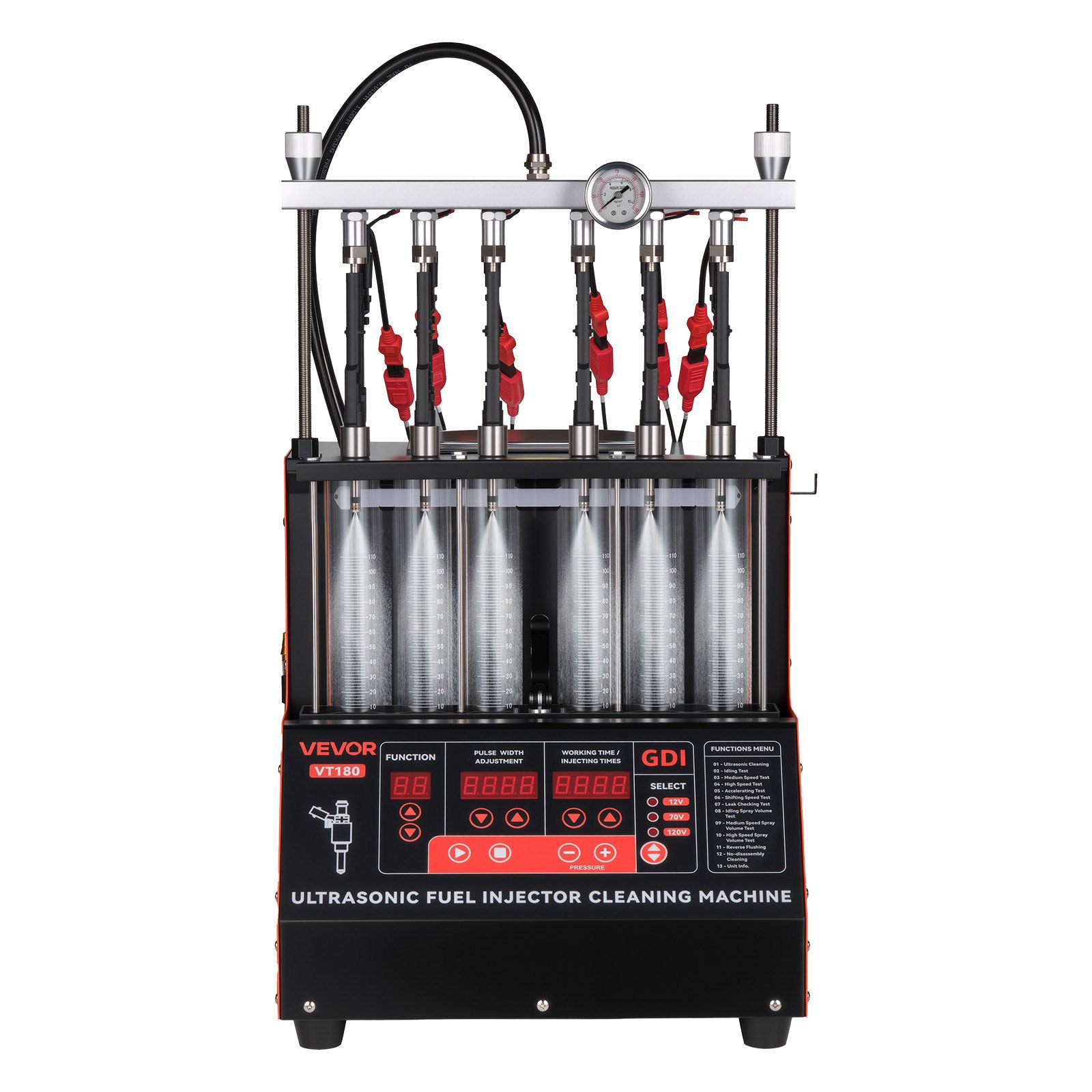 Tester wtryskiwaczy VEVOR z 9 trybami testowania, 6-cylindrowe urządzenie czyszczące ultradźwiękowe 28 kHz, regulowane do 12/70/120 V dla EFI/FSI/GDI, urządzenie do czyszczenia wtryskiwaczy z zaworem spustowym do samochodów osobowych