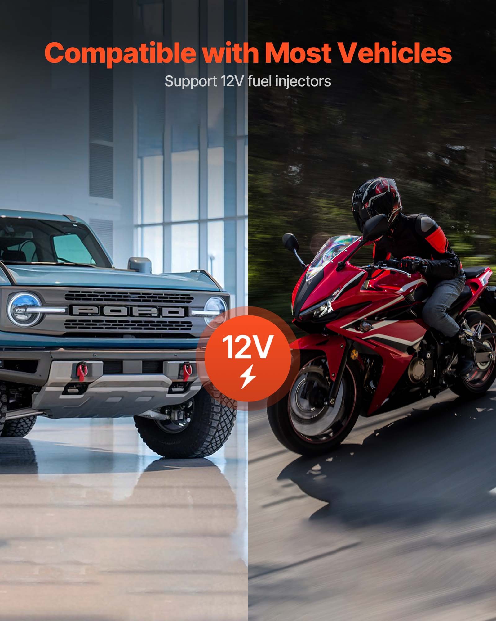 Tester wtryskiwaczy paliwa VEVOR z 9 trybami testowania, ultradźwiękowe urządzenie czyszczące do 4 cylindrów (28 kHz), środek czyszczący do wtryskiwaczy paliwa w samochodach osobowych i motocyklach z zaworem spustowym i napięciem roboczym 12 V.