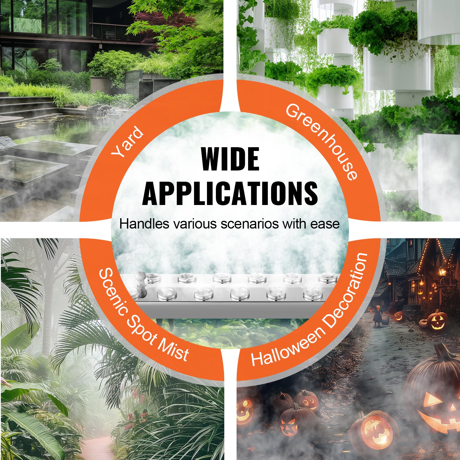 VEVOR Ultradźwiękowy zamgławiacz, 12 głowic, 9000 ml/h, generator mgły z zasilaczem 300 W, wodoodpornym IP67, boja, zapasowe tarcze, do oczek wodnych, ogrodu, skalniaka, szklarni, dekoracji na Halloween