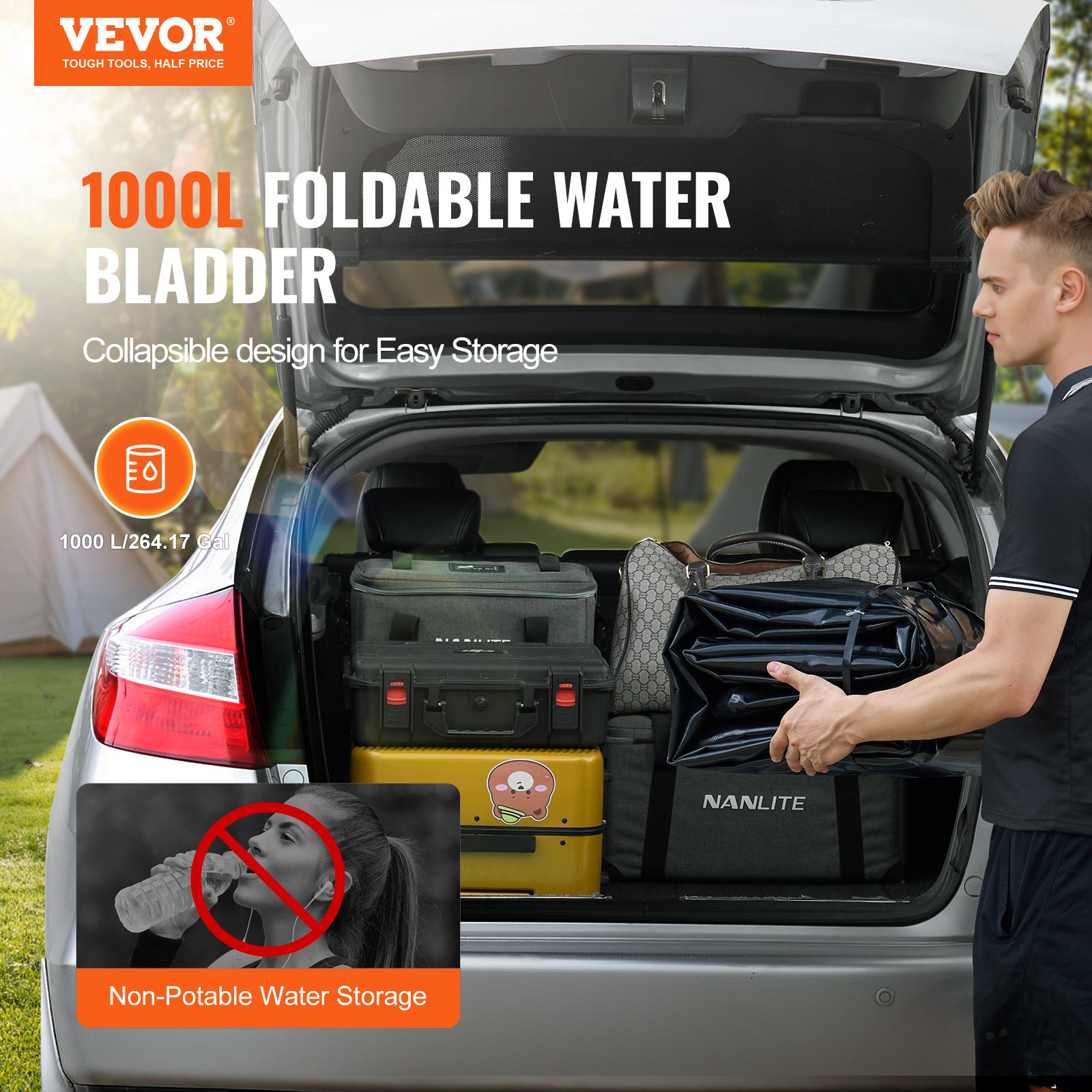 VEVOR 1000L/264 Gallon Water Storage Bladder, RV Water Tank, 1000D PVC Foldable Water Storage Container, Large Capacity Soft Water Bag, Portable Water Bladder, Fire Protection, Camping, Emergency