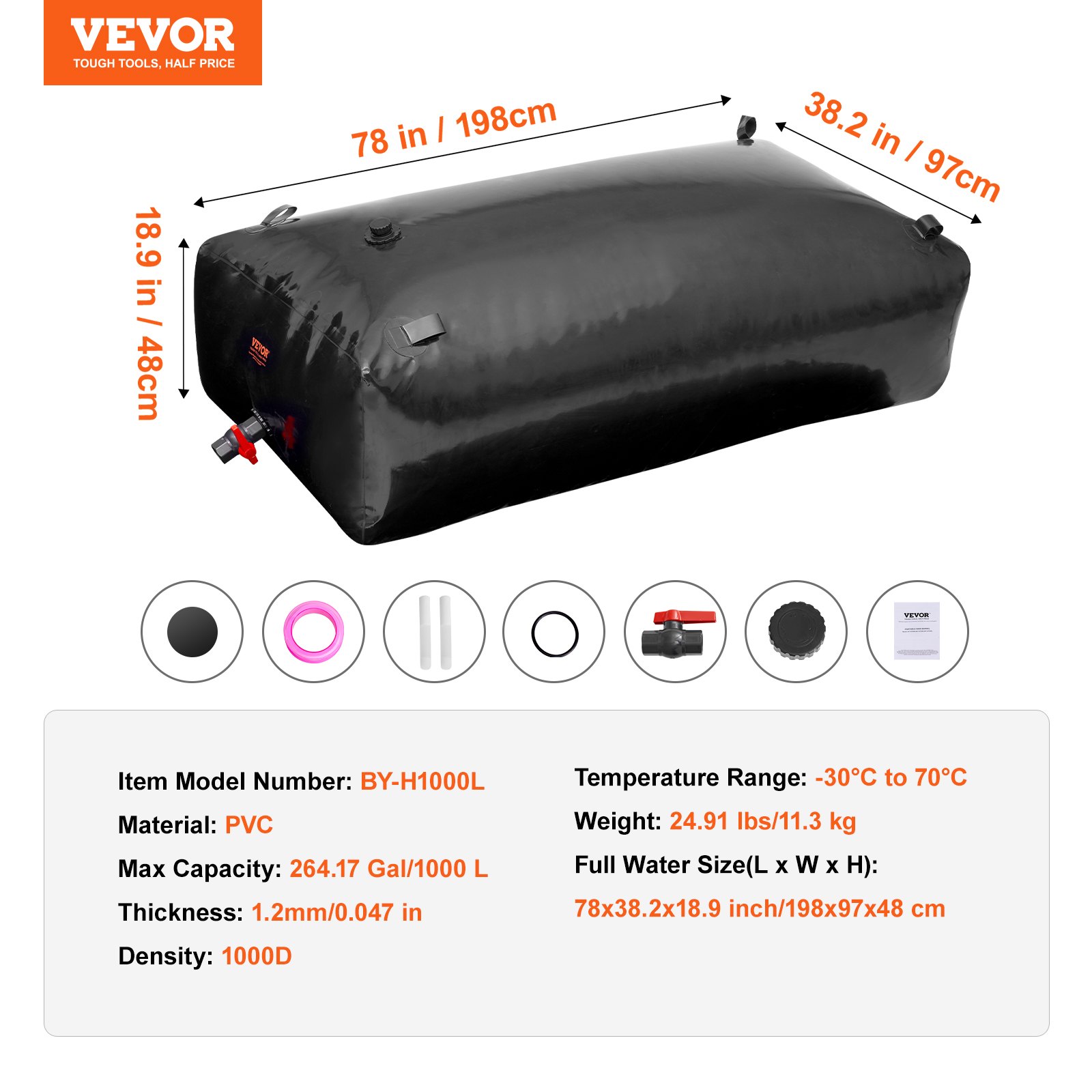 VEVOR 1000L/264 Gallon Water Storage Bladder, RV Water Tank, 1000D PVC Foldable Water Storage Container, Large Capacity Soft Water Bag, Portable Water Bladder, Fire Protection, Camping, Emergency