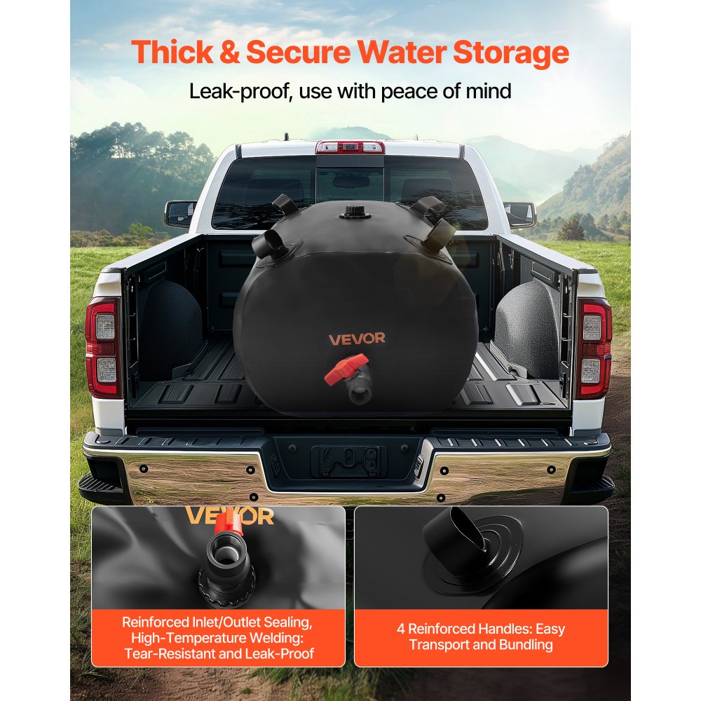 VEVOR Water Storage Bladder, 113L Water Storage Container Tank, 1000D PVC Thickened Soft Bag Bladder, Collapsible Portable for Garden Irrigation, Camping, RVs, Emergency Use - Black