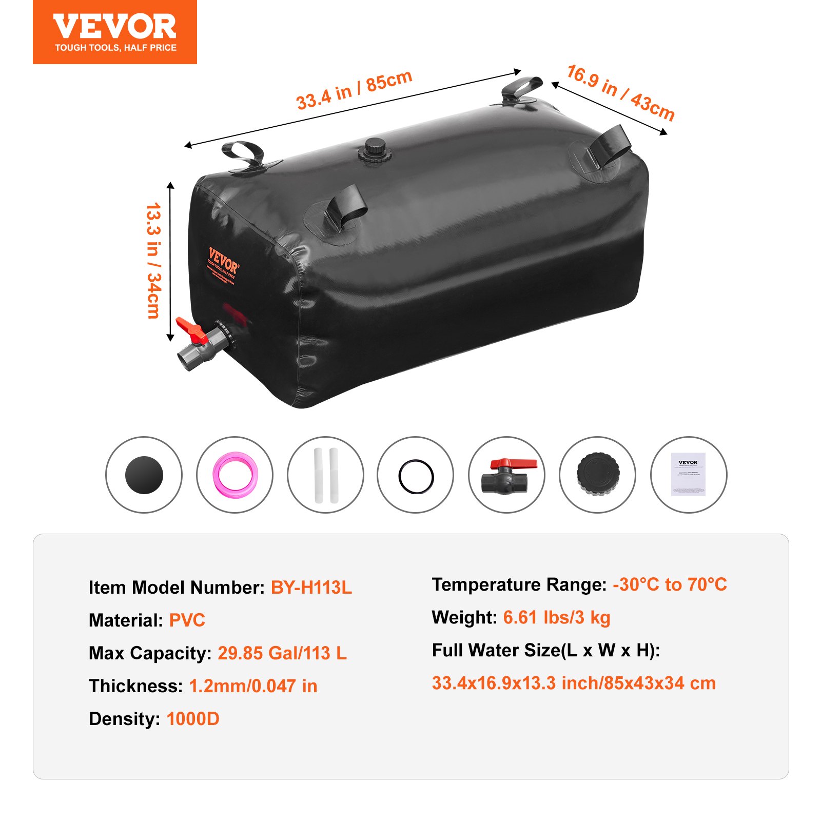 VEVOR 113 L/29.85 Gal Water Storage Bladder, Portable RV Water Tank, 1000D PVC, Collapsible Water Storage Container, Soft Water Bag, Water Bladder, Fire Protection, Camping, Emergency Water Use, Black