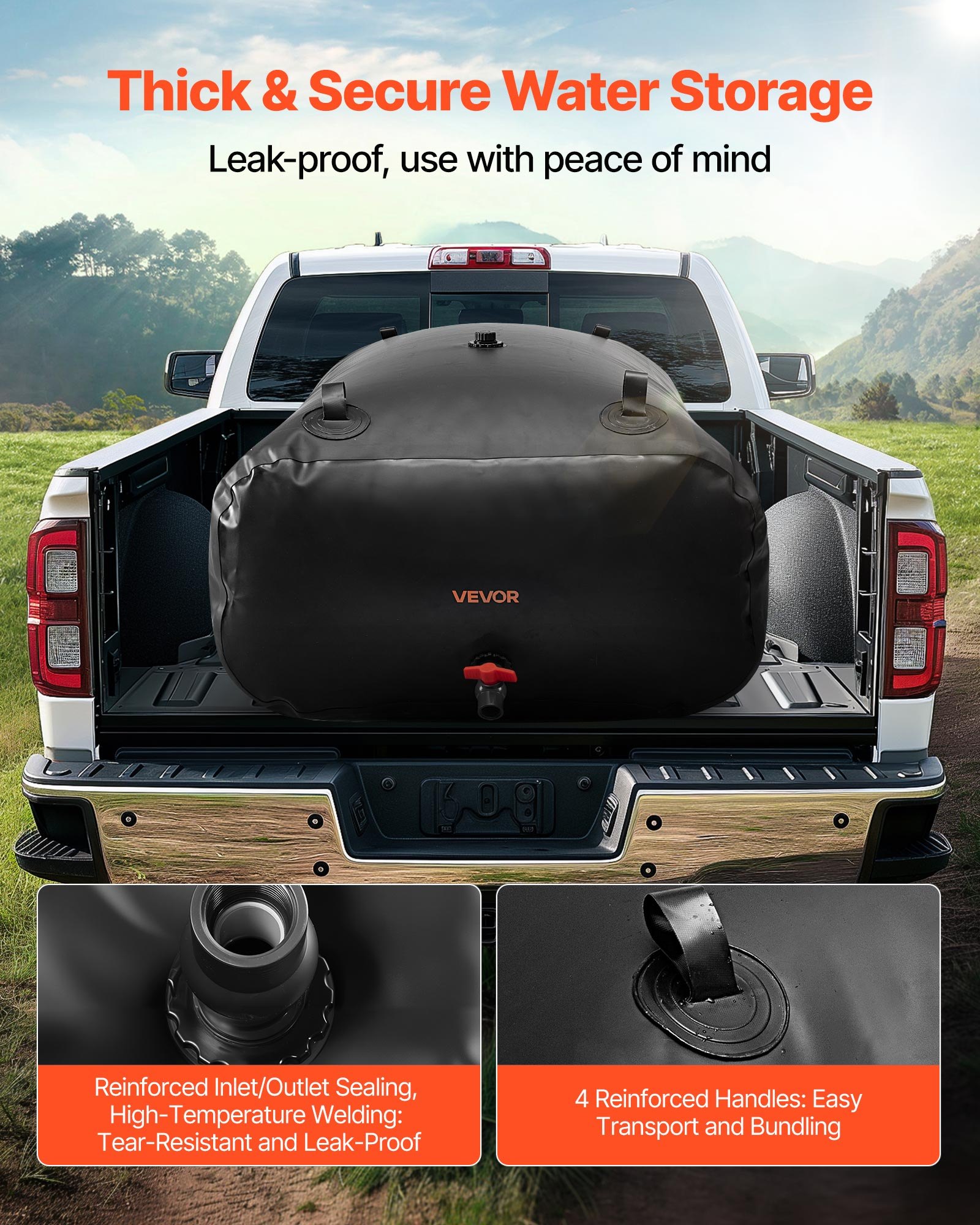 Pojemnik na wodę VEVOR, zbiornik na wodę 540 l, worek na wodę z zagęszczonego PVC 1000D, składany worek na wodę o grubości 1,2 mm, do nawadniania ogrodu, kempingu, kampera, użytku awaryjnego – czarny