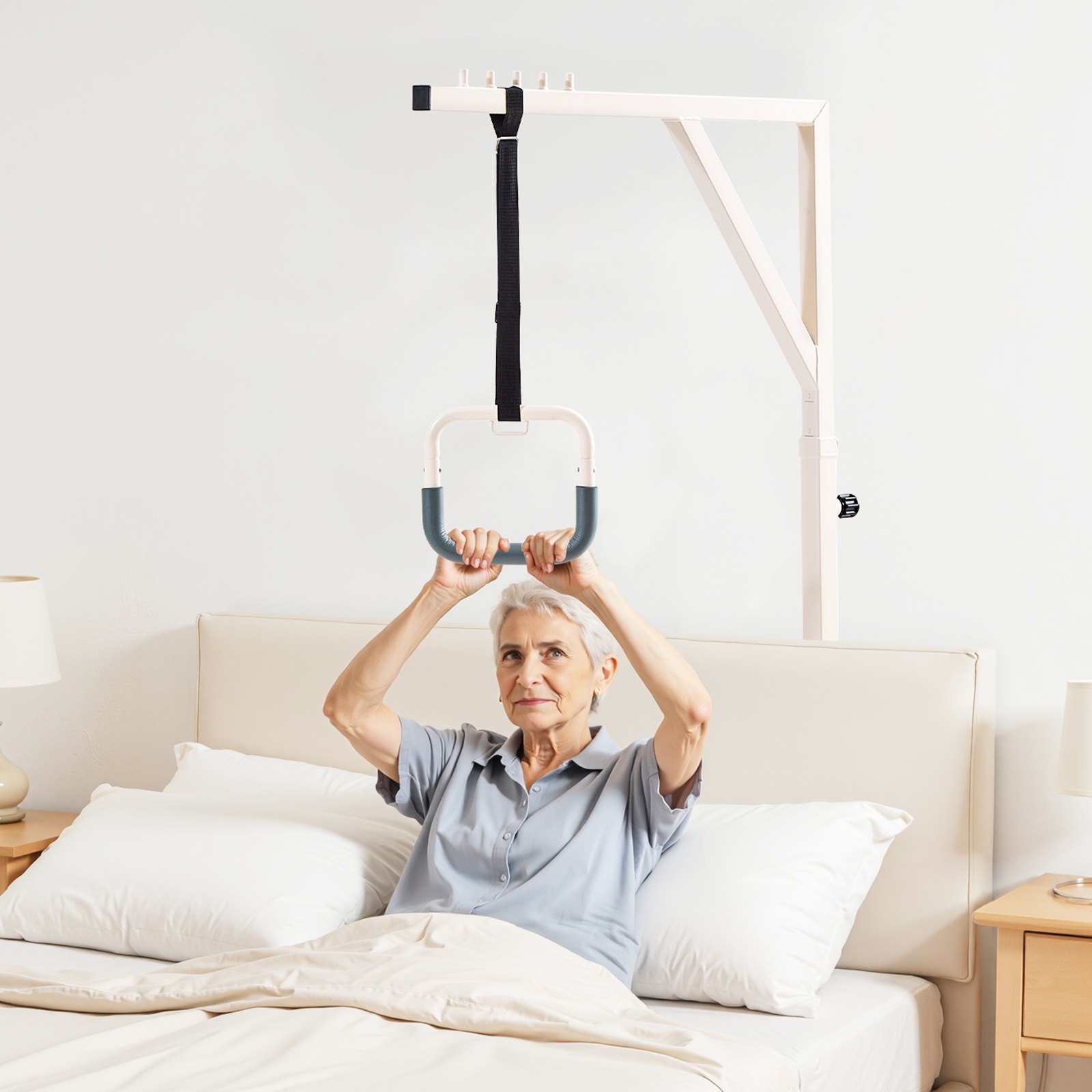 Podnośnik łóżka VEVOR z uchwytem trapezowym, podnośnik pacjenta z regulacją wysokości i 2 kółkami, podnośnik łóżka o udźwigu do 158 kg, mobilny podnośnik do pionizacji dla pacjentów starszych, niepełnosprawnych i leżących