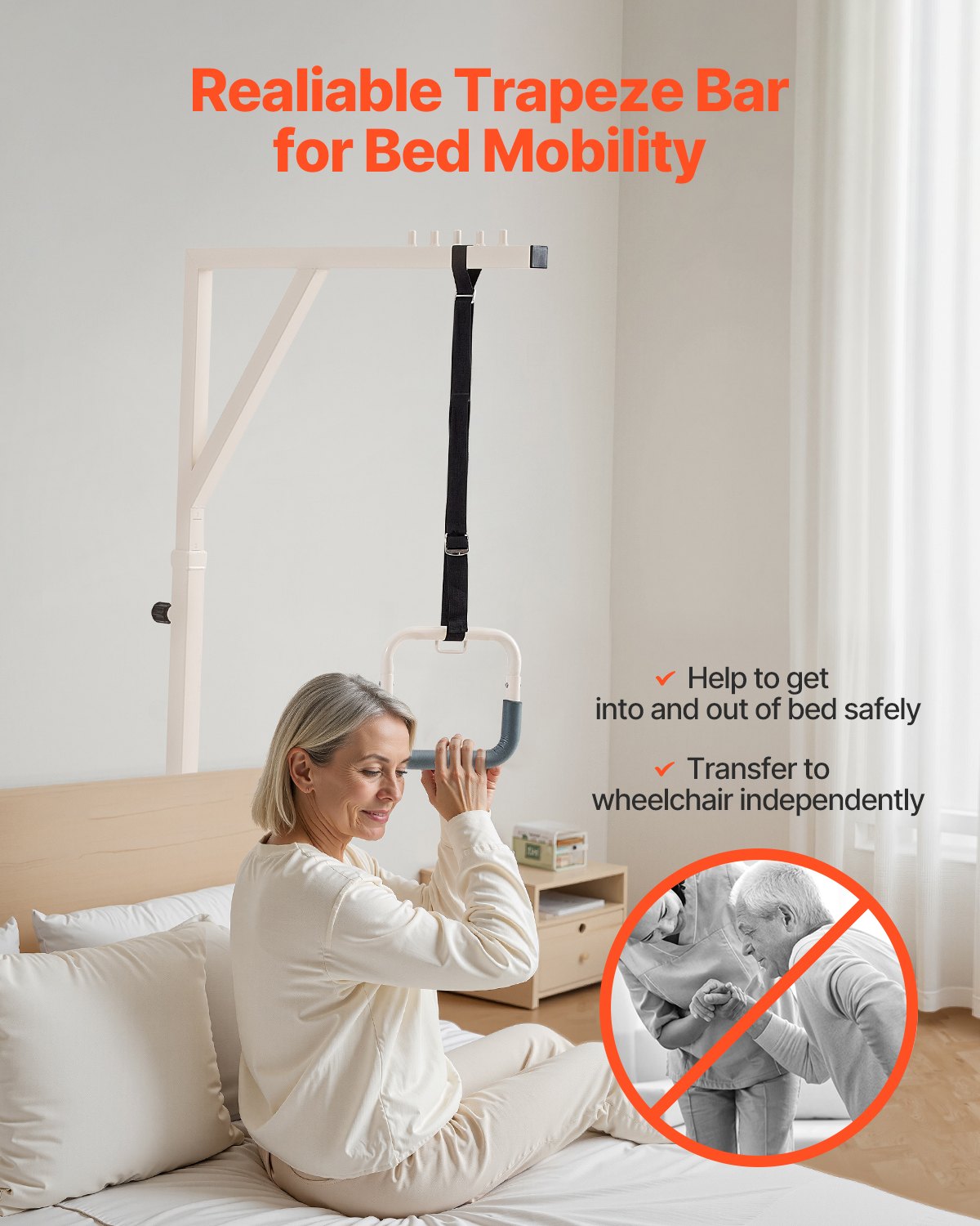 Podnośnik łóżka VEVOR z uchwytem trapezowym, podnośnik pacjenta z regulacją wysokości i 2 kółkami, podnośnik łóżka o udźwigu do 158 kg, mobilny podnośnik do pionizacji dla pacjentów starszych, niepełnosprawnych i leżących