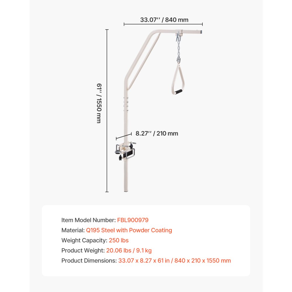 Podwyższenie łóżka VEVOR 840x210x1550 mm, Podwyższenie łóżka z zaciskami i metalowym łańcuchem, do 113 kg, Pomoc w staniu dla osób starszych i leżących, Idealna do opieki domowej, szpitali, domów opieki