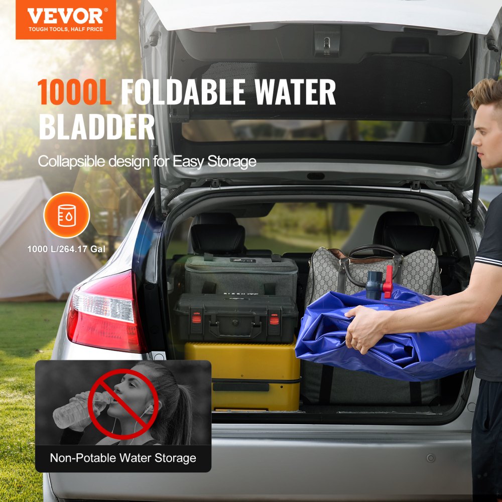 VEVOR 1000L/264 Gallon Water Storage Bladder, RV Water Tank, 1000D Blue PVC, Collapsible Water Storage Container, Large Capacity, Soft Water Bag, Portable Water Bladder, Fireproof, Camping