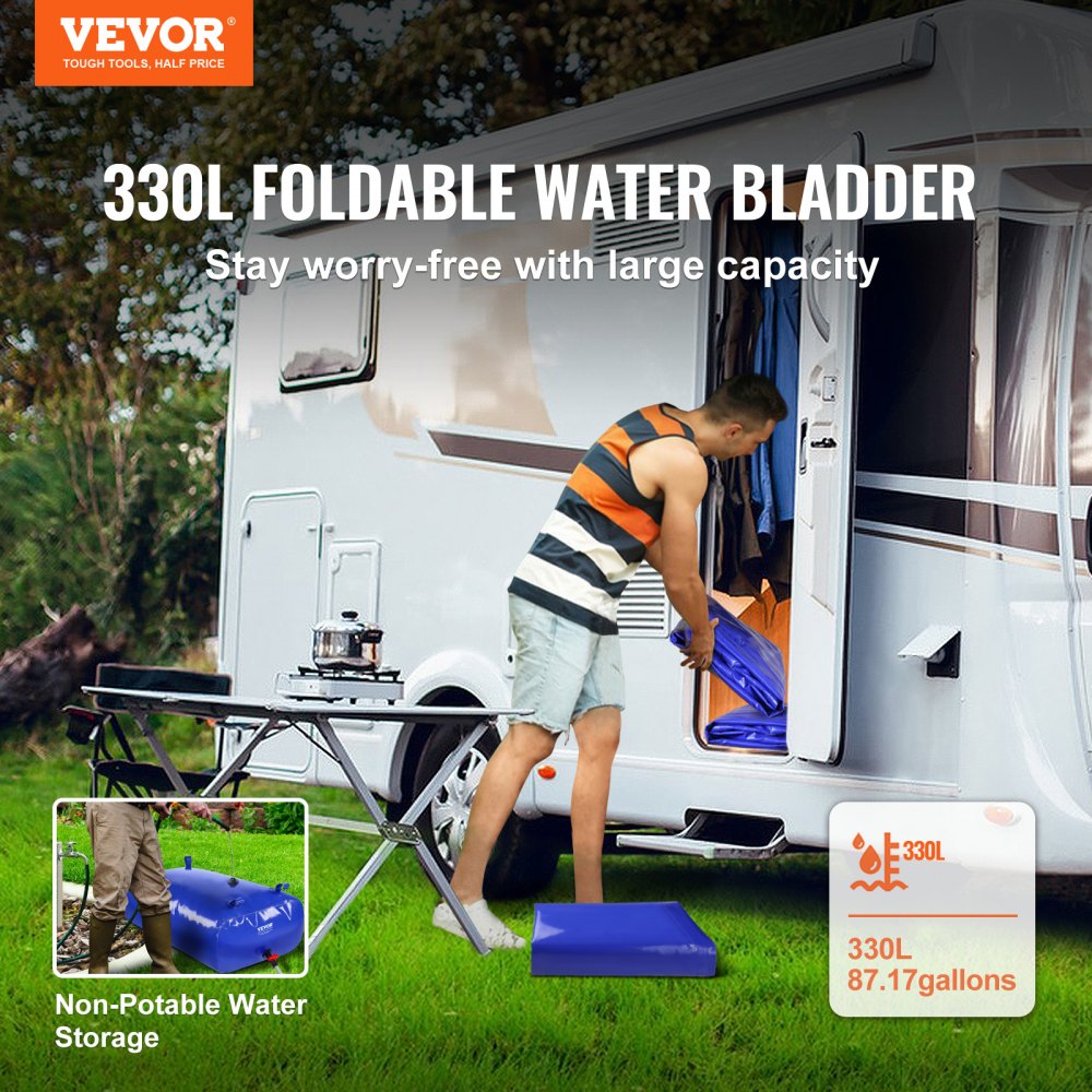 VEVOR 330L/87 Gallon Water Storage Bladder, RV Water Tank, 1000D Blue PVC, Collapsible Water Storage Container, Large Capacity Soft Water Bag, Portable Water Tank, Fireproof, Camping