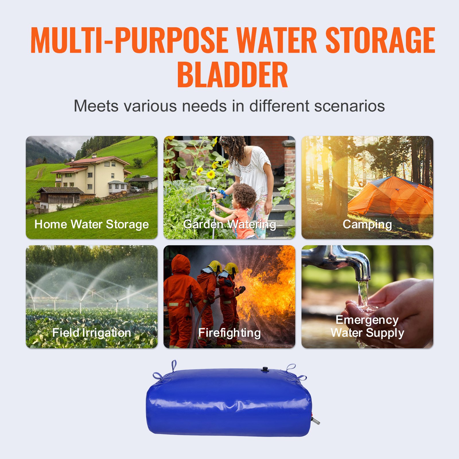 VEVOR 330L/87 Gallon Water Storage Bladder, RV Water Tank, 1000D Blue PVC, Collapsible Water Storage Container, Large Capacity Soft Water Bag, Portable Water Tank, Fireproof, Camping
