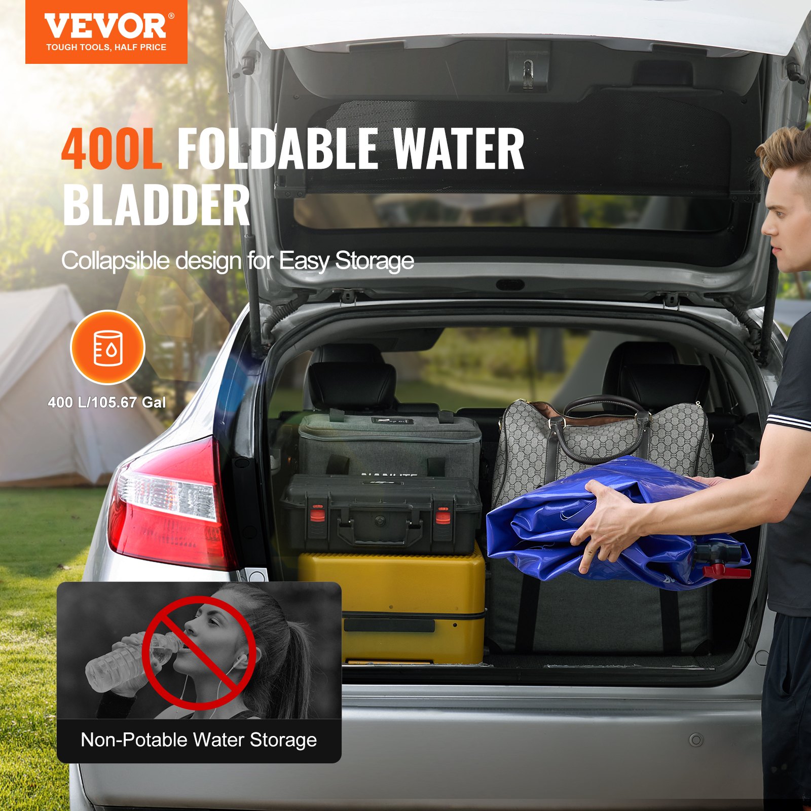 VEVOR 400L/105.7 Gallon Water Storage Bladder, RV Water Tank, 1000D Blue PVC, Collapsible Water Storage Container, Large Capacity Soft Water Bag, Portable Water Tank, Fireproof, Camping