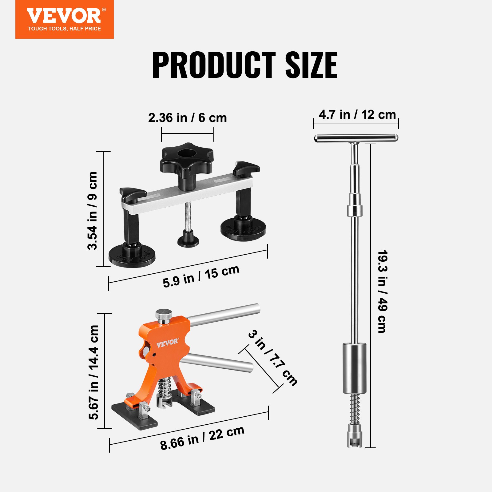 Zestaw do naprawy wgnieceń z użyciem młotka ślizgowego VEVOR, 69 elementów, w tym 20 uchwytów ściągacza i 6 uchwytów ściągacza mostowego, narzędzie do usuwania wgnieceń w samochodzie, pralce itp.