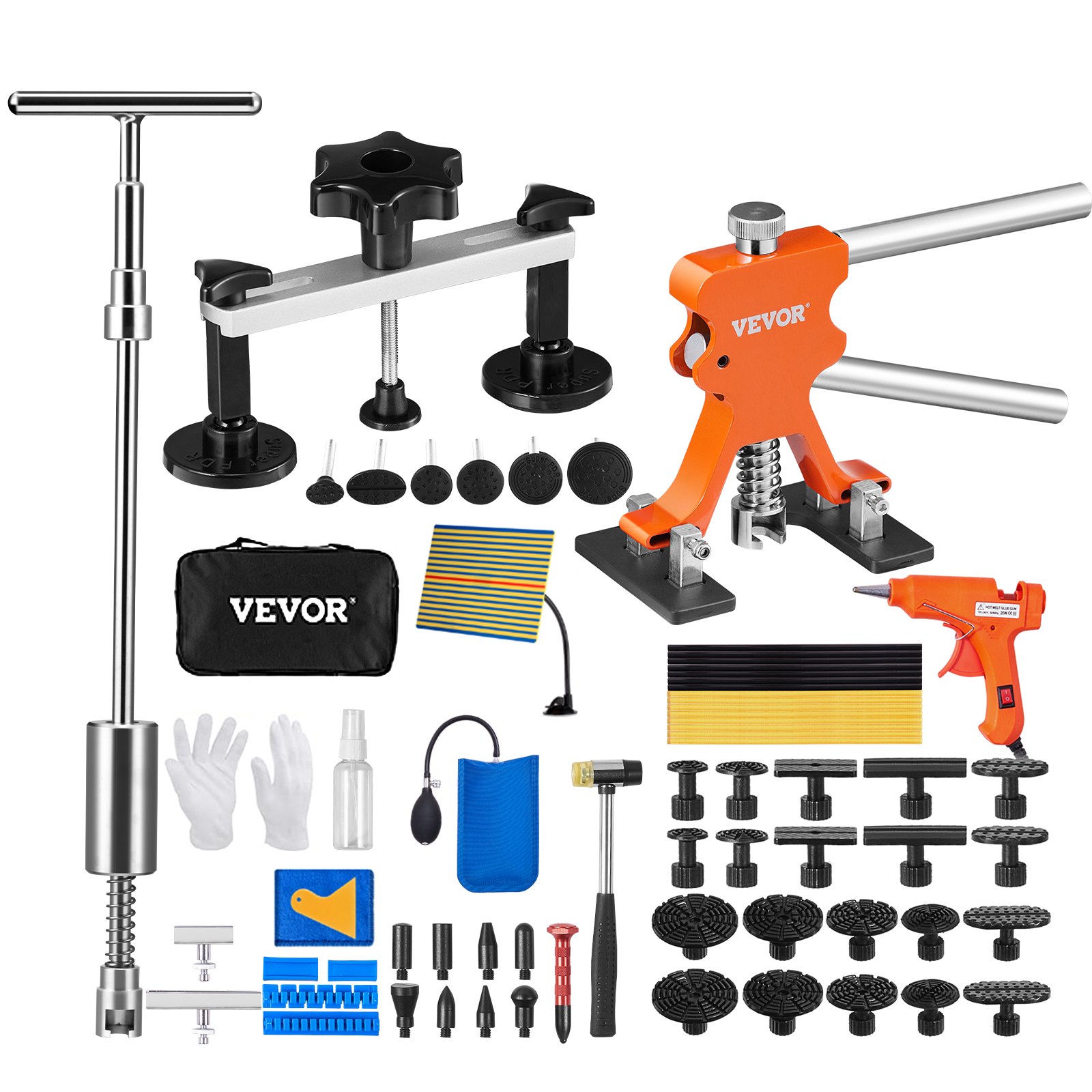 Zestaw do naprawy wgnieceń z użyciem młotka ślizgowego VEVOR, 69 elementów, w tym 20 uchwytów ściągacza i 6 uchwytów ściągacza mostowego, narzędzie do usuwania wgnieceń w samochodzie, pralce itp.