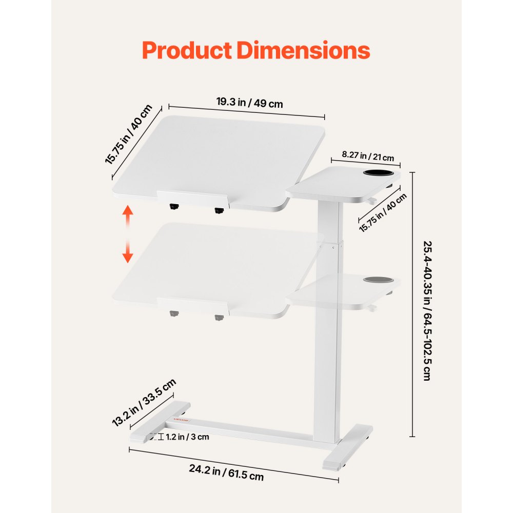 VEVOR Overbed Table, Mobile Side Table with Foldable Desktop & 4 Hidden Casters, Height & Angle Adjustable Laptop Table, Bed Table with Drink Holder for Office