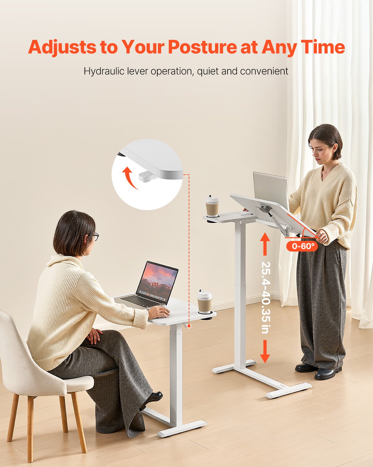 VEVOR Stolik nocny, mobilny stolik boczny ze składanym blatem i 4 ukrytymi kółkami, regulowany na wysokość i kąt nachylenia stolik na laptopa, stolik nocny z uchwytem na kubek do biura