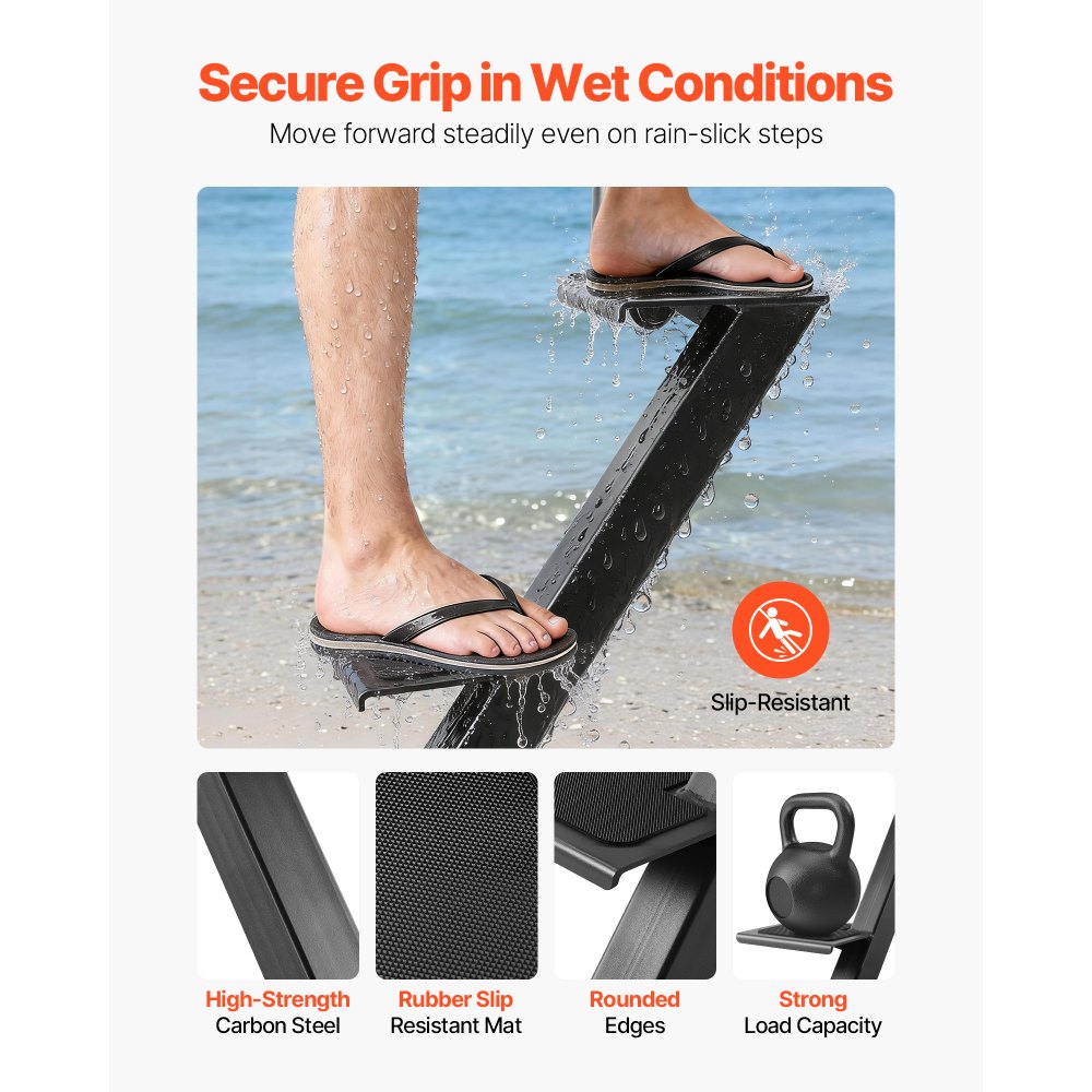 Schody VEVOR do przyczepy łodziowej, 3-stopniowe, ze stali węglowej, z uchwytem i powierzchnią antypoślizgową, z kątem montażu 55°, pasujące do ram 3x3/3x5/4x4 cale, montaż na podłodze