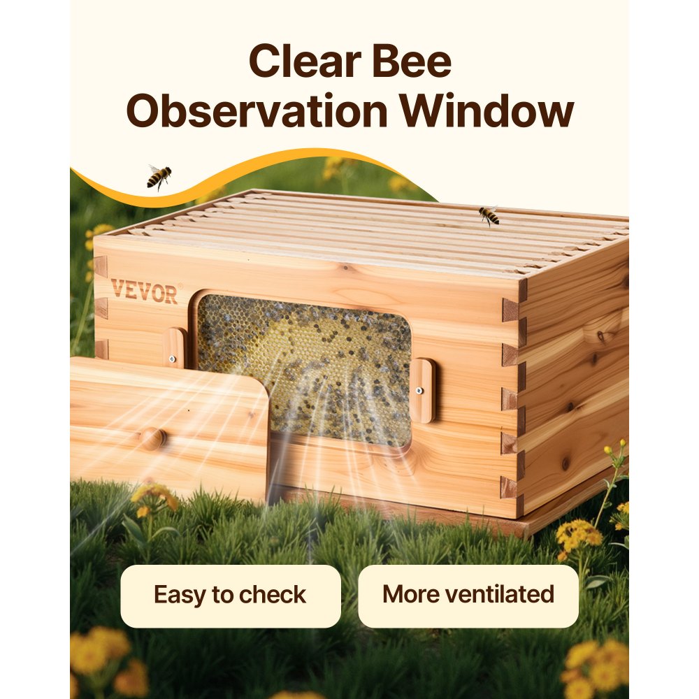 VEVOR Beehive Starter Set, medium box, 100% beeswax-coated natural fir wood, Langstroth beehive set with 10 frames and foundation sheets, transparent acrylic bee windows