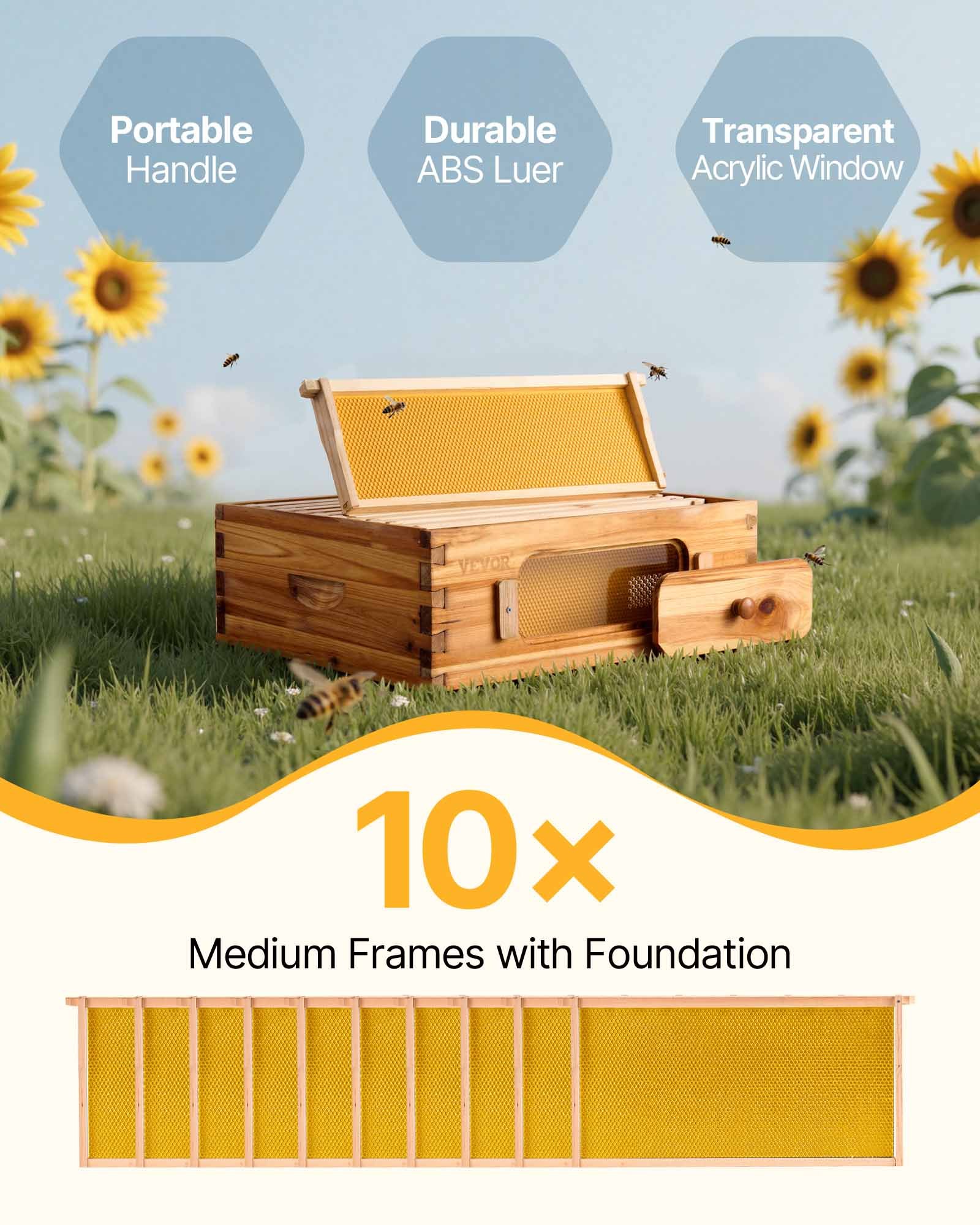 VEVOR Beehive Starter Set, medium box, 100% beeswax-coated natural fir wood, Langstroth beehive set with 10 frames and foundation sheets, transparent acrylic bee windows