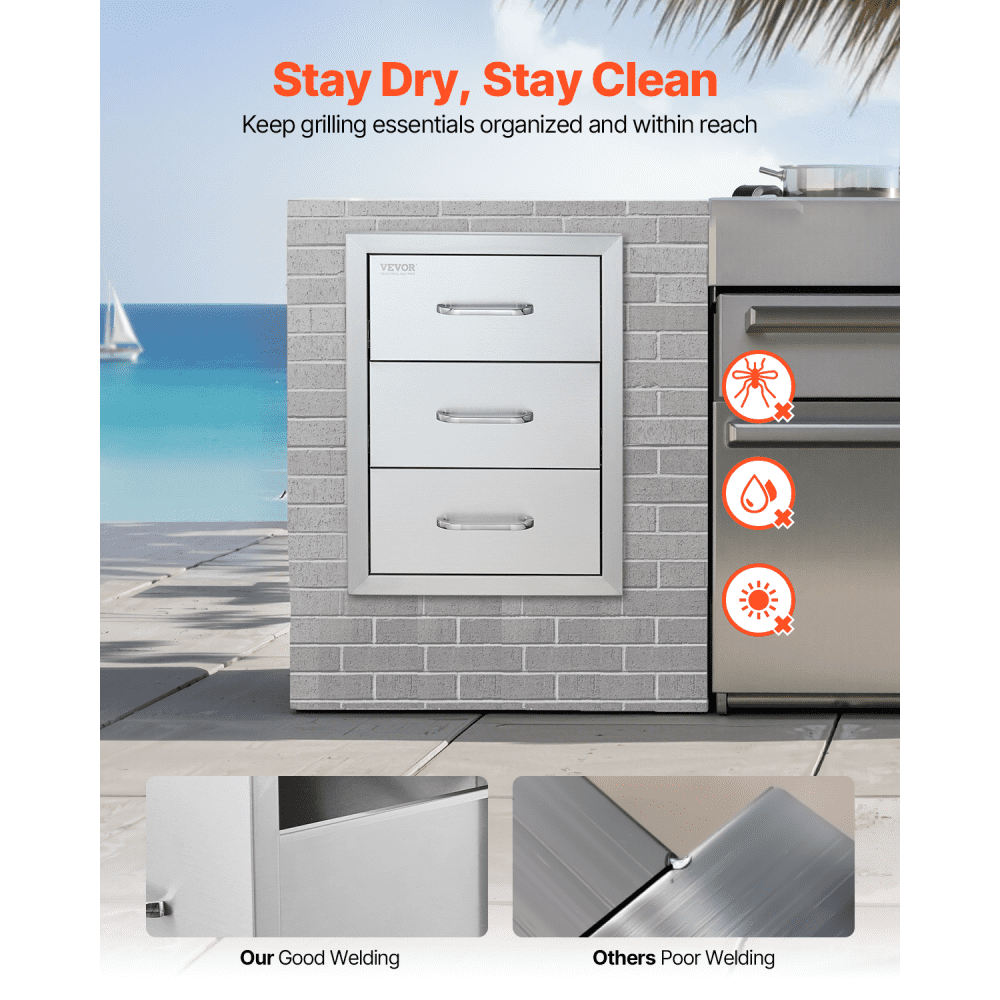 VEVOR Outdoor Kitchen Drawers, flush-mounted grill drawers with triple access and stainless steel handle, grill island drawers for outdoor kitchens or grill island terraces, 400 x 450 x 450 mm