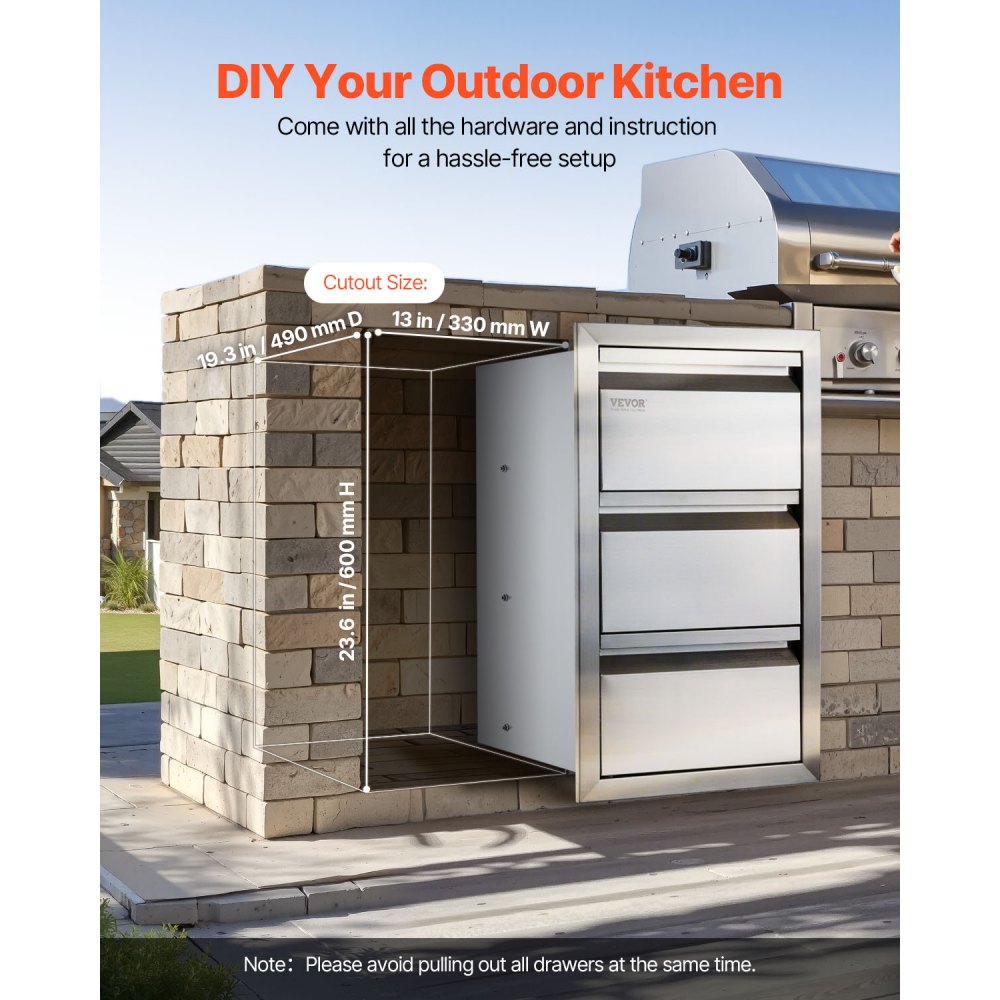 VEVOR Outdoor Kitchen Drawers, Recessed Grill Drawers in Box Frame Style with Stainless Steel Handle, Grill Island Drawers for Outdoor Kitchens or Patio Grill Stations, 377 x 646 x 480 mm