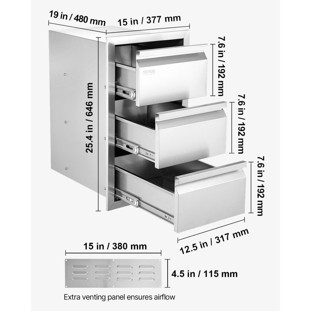 VEVOR Outdoor Kitchen Drawers, Recessed Grill Drawers in Box Frame Style with Stainless Steel Handle, Grill Island Drawers for Outdoor Kitchens or Patio Grill Stations, 377 x 646 x 480 mm