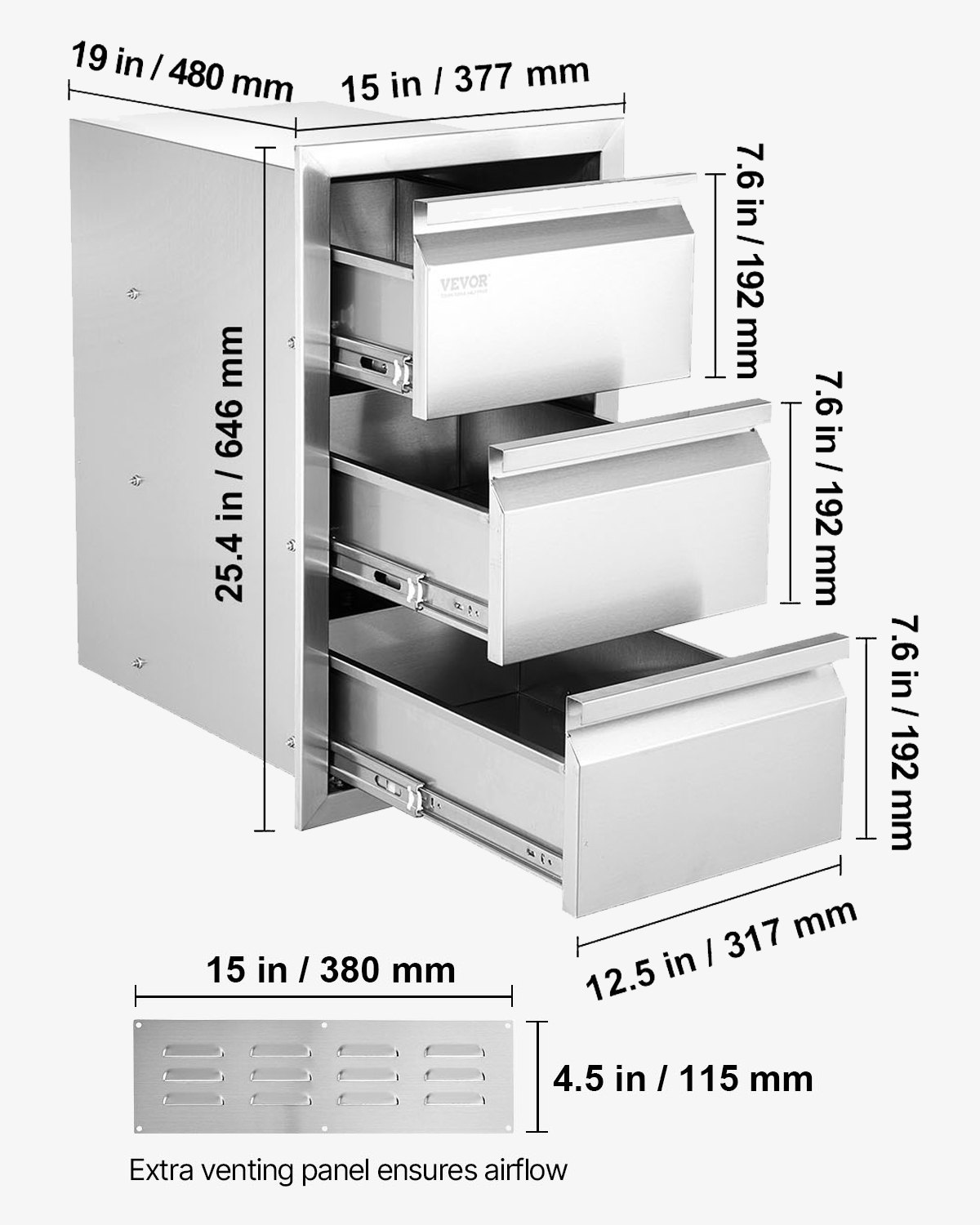 VEVOR Outdoor Kitchen Drawers, Recessed Grill Drawers in Box Frame Style with Stainless Steel Handle, Grill Island Drawers for Outdoor Kitchens or Patio Grill Stations, 377 x 646 x 480 mm