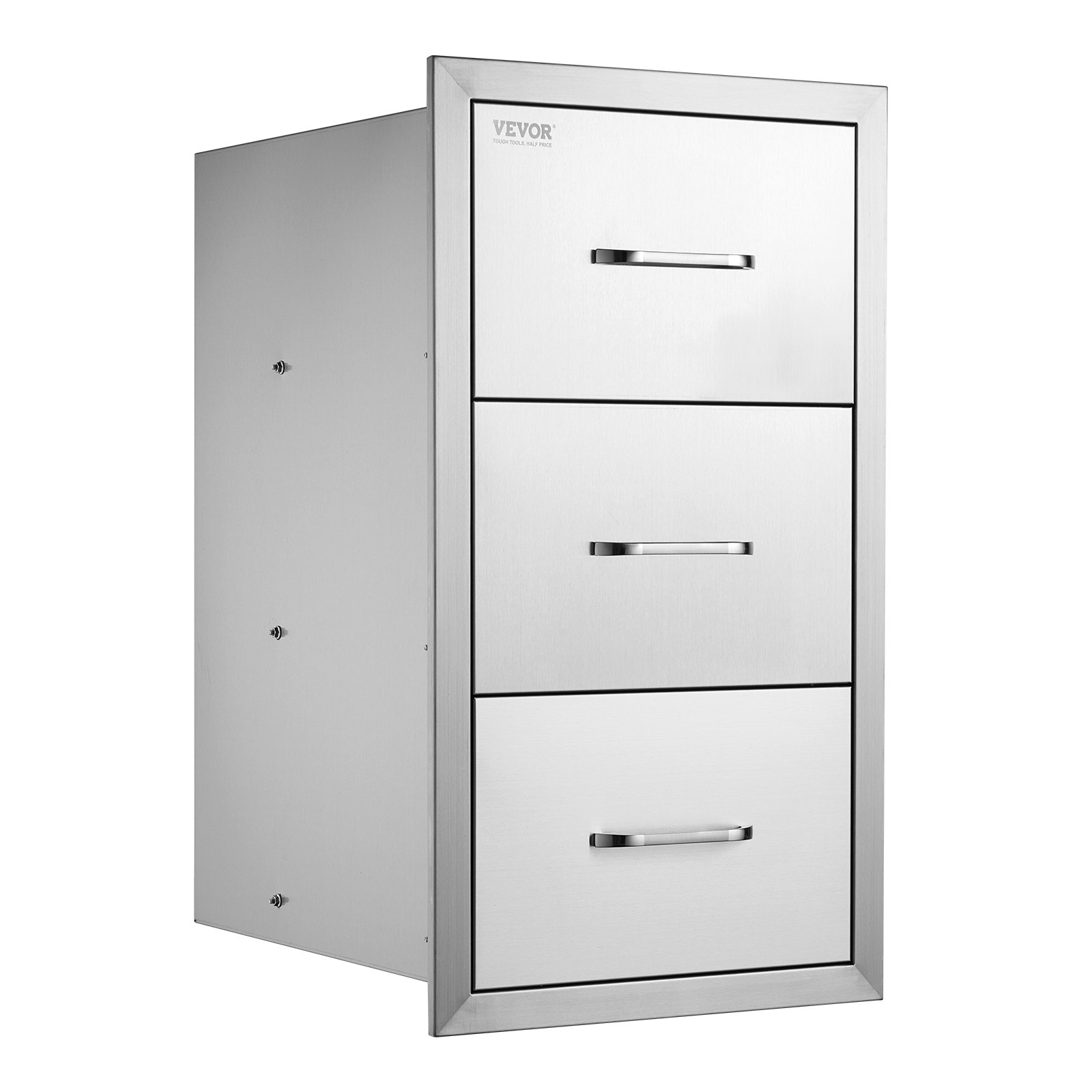 Szuflady do kuchni zewnętrznych VEVOR, szer. 16" x wys. 28,5" x gł. 20,5", wpuszczane w blat, ze stali nierdzewnej, z potrójnym dostępem i uchwytem, ​​szuflady do grilla wyspowego do kuchni zewnętrznych lub stanowisk grillowych na patio