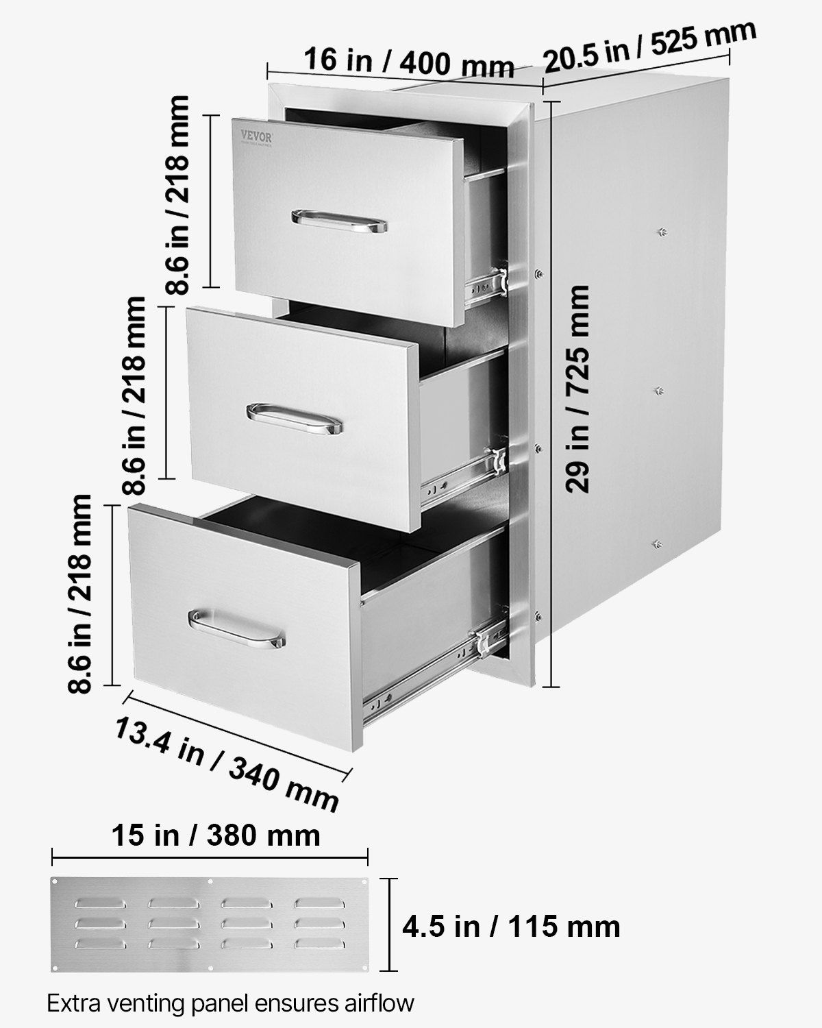Szuflady do kuchni zewnętrznych VEVOR, szer. 16" x wys. 28,5" x gł. 20,5", wpuszczane w blat, ze stali nierdzewnej, z potrójnym dostępem i uchwytem, ​​szuflady do grilla wyspowego do kuchni zewnętrznych lub stanowisk grillowych na patio